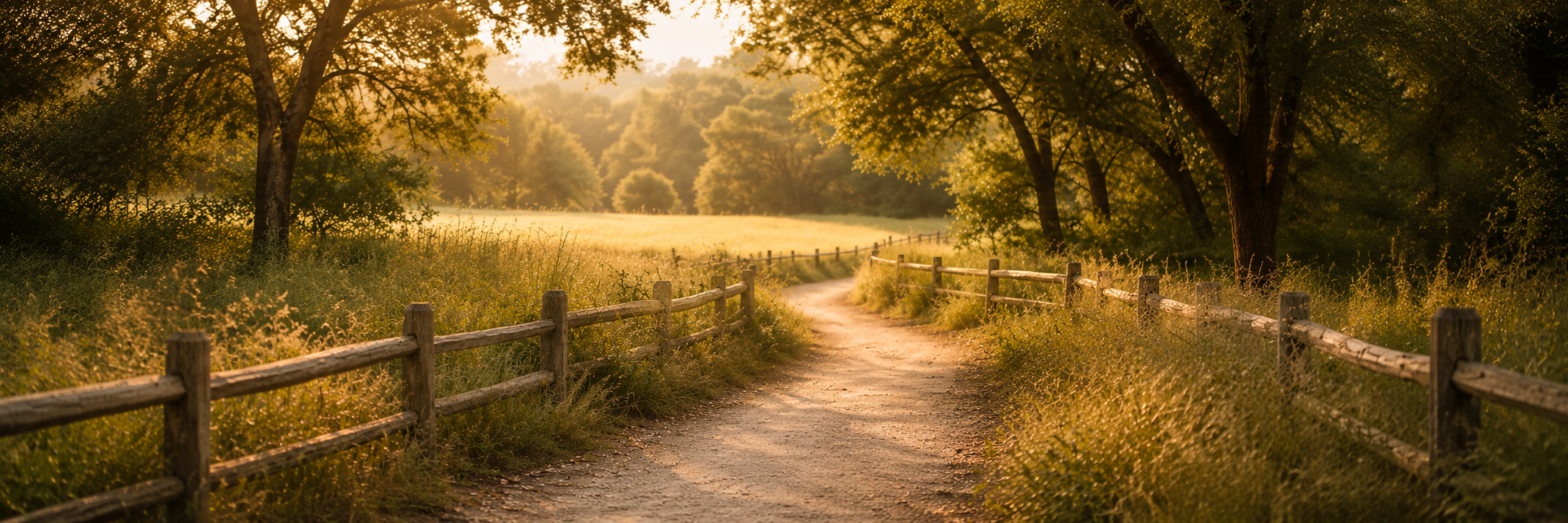 A dirt path winding through a wooded area with sunlight filtering through the trees in the late afternoon or early evening.