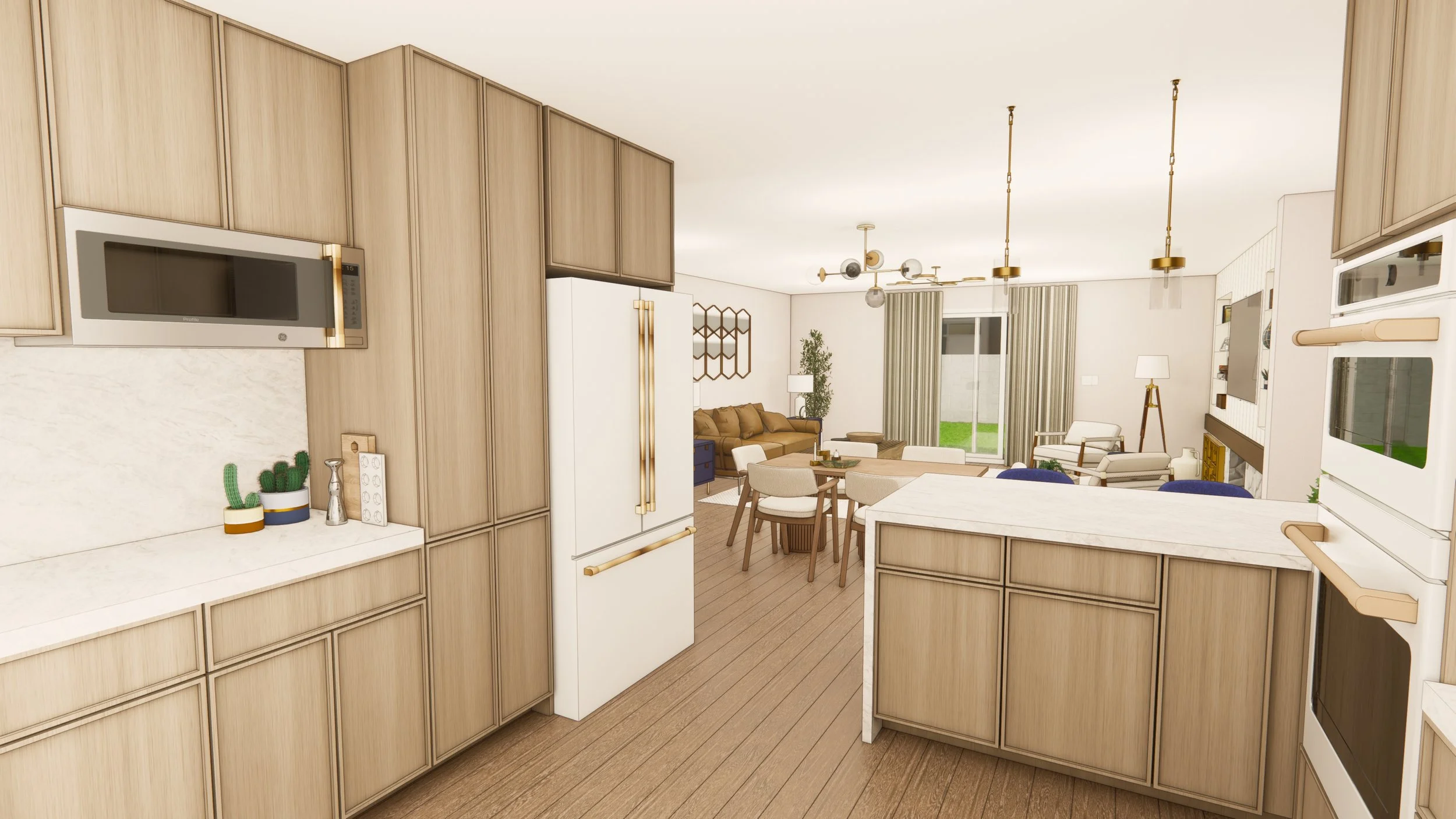 Open-concept living room and kitchen with beige cabinetry, white marble countertops, a white refrigerator, and modern light fixtures. The living area has a brown sofa, white armchairs, a wooden dining table, and large windows with curtains, leading t