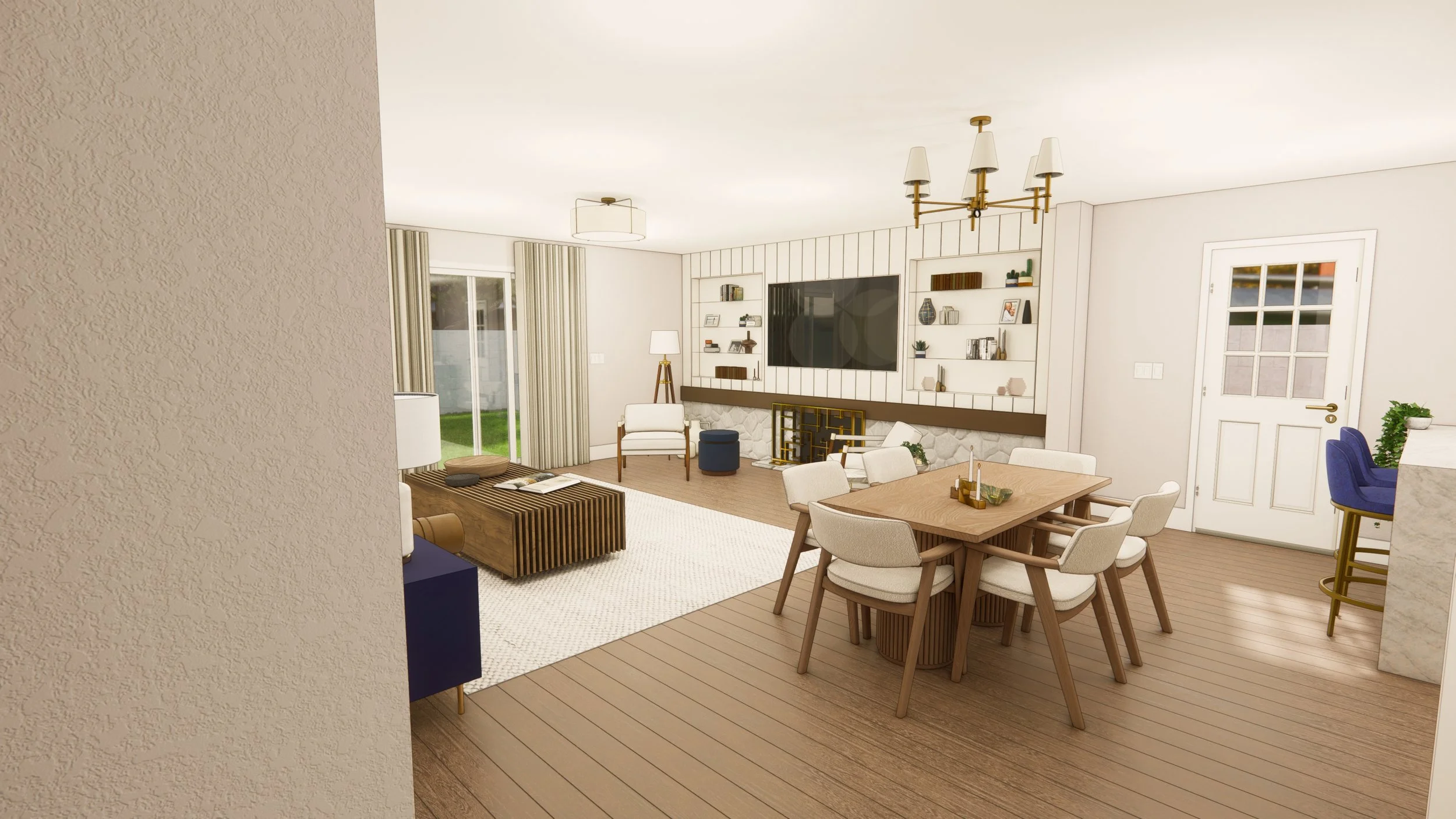 Living room with a dining table, chairs, a sofa, armchairs, a TV, fireplace, and decor shelves, with sliding glass doors leading outside.