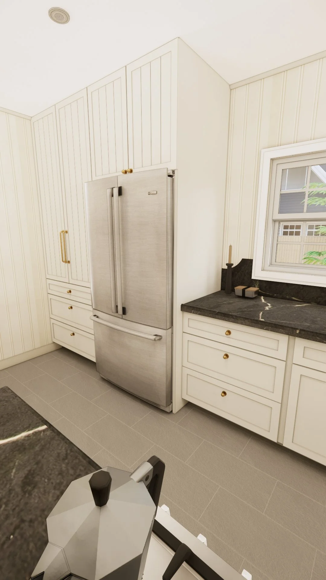 redesign of a long beach kitchen in neighborhood near long beach city college in house that kitchen with stainless steel refrigerator, white cabinets with gold knobs, marble countertop, and a window with a view of a fenced yard.