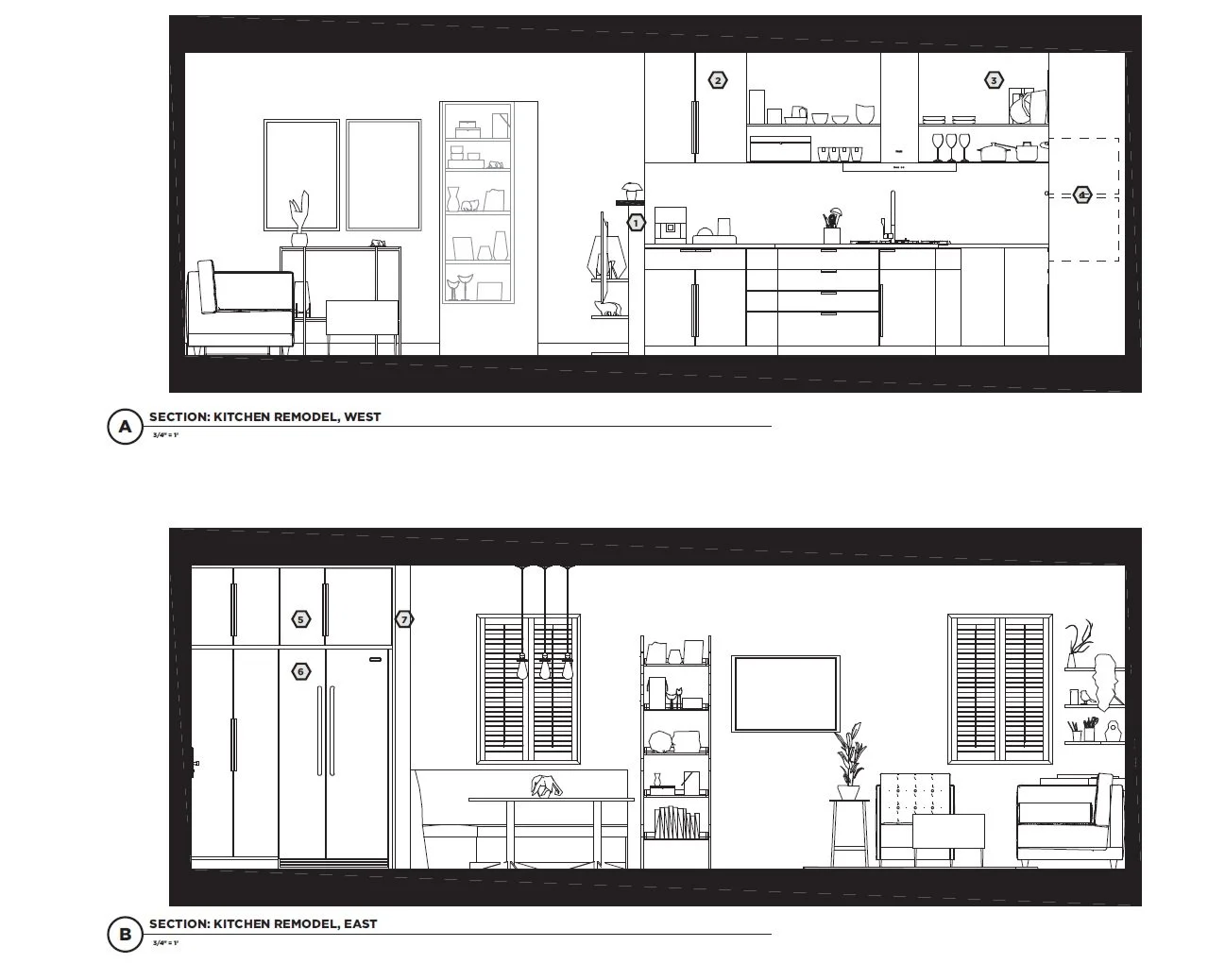 Architectural blueprint of a kitchen renovation project showing two section views, West and East, with detailed illustrations of cabinets, appliances, furniture, and decorative items.