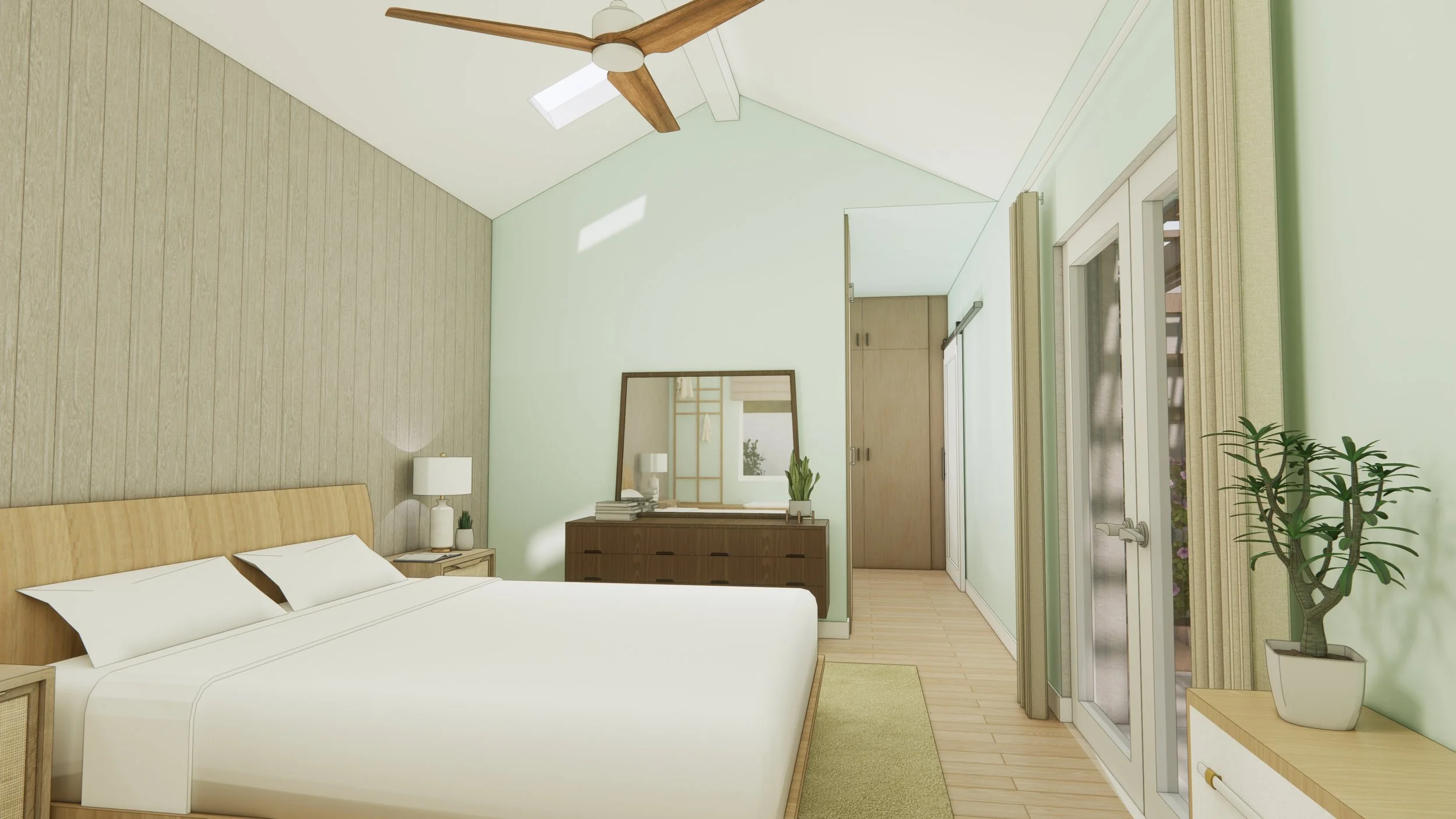 Bright bedroom with light green walls, wooden furniture, sliding glass doors, and a ceiling fan.