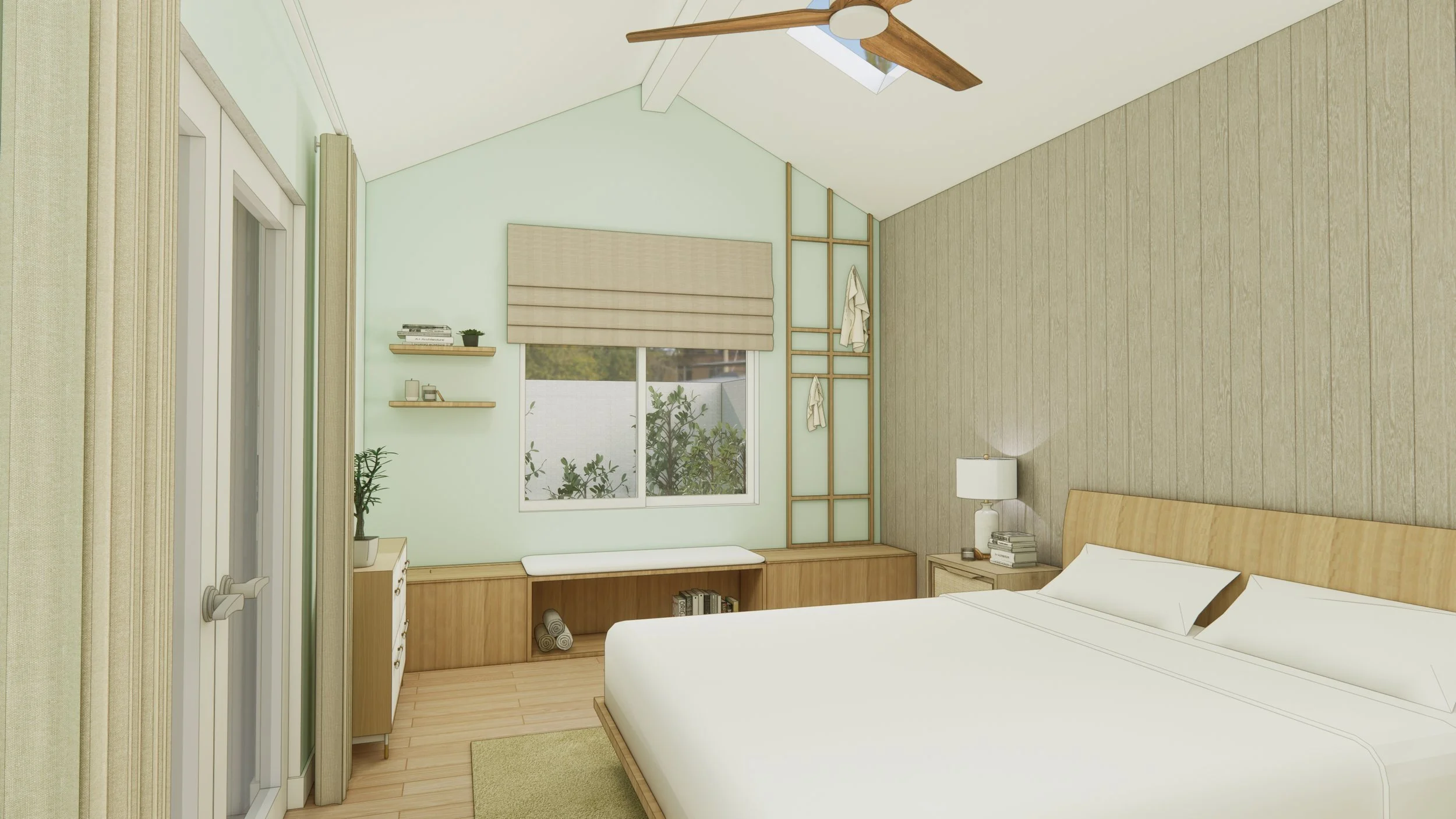 A bedroom with a wooden bed, a nightstand with a lamp and books, a window with greenery outside, wall shelves with books and plants, a bench beneath the window, a ceiling fan with wooden blades, and another wall with beige textured paneling.