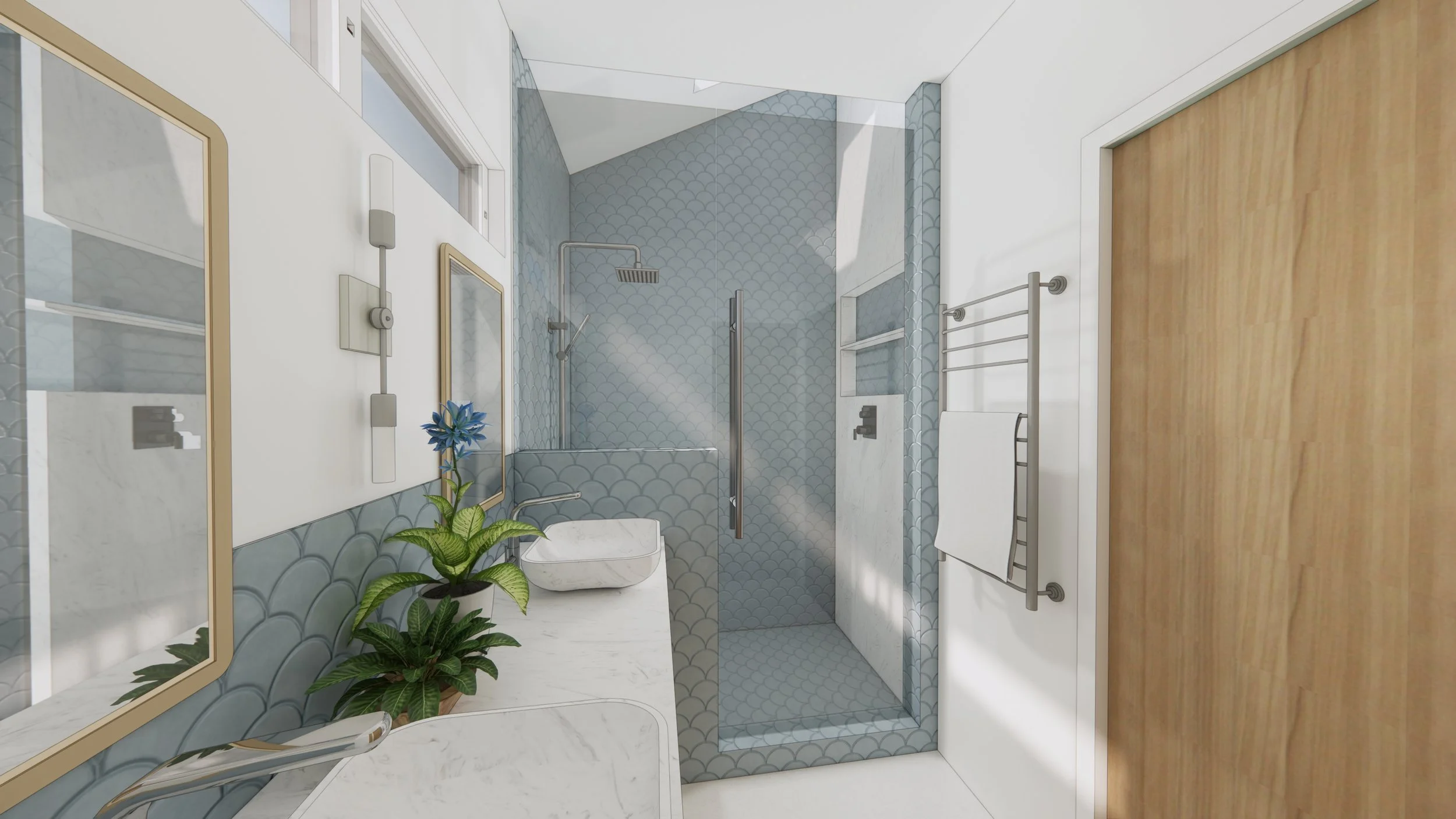 Modern bathroom with walk-in shower with blue patterned tiles, large mirror, white marble countertop, and wooden door.