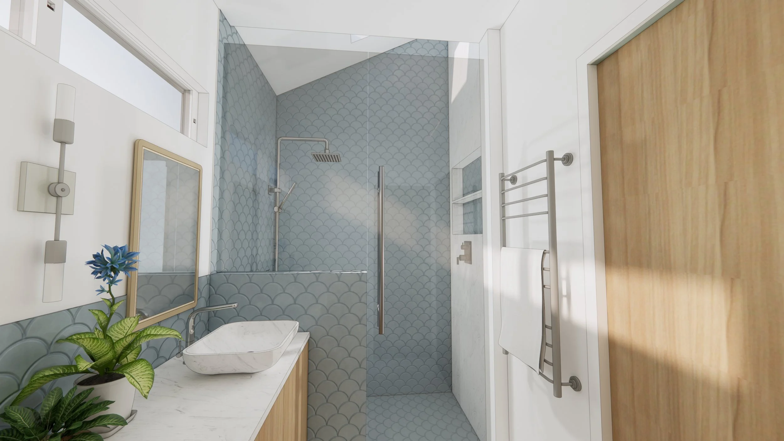 Modern bathroom with walk-in shower, blue scalloped tile walls, wooden vanity with a vessel sink, mirror, and potted plants, wood and white accents.