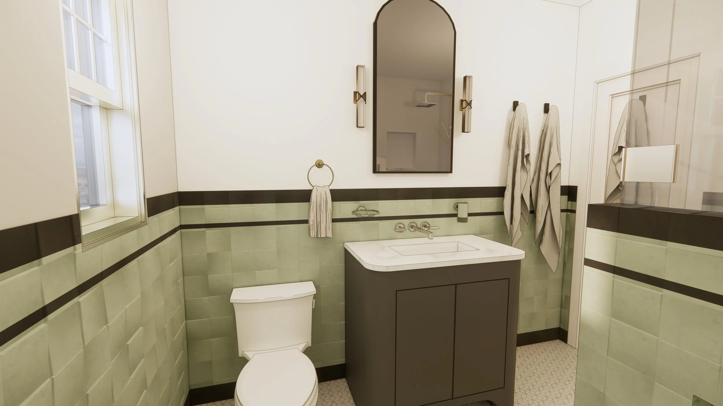 LONG BEACH ART DECO MISSION TILE BATHROOM REMODEL BY INTERIOR DESIGNER AND RESIDDENTIAL ARCHITECTURAL DESIGNER JENNIFER OF MOREHOUSE CRAFTED INTERIORS