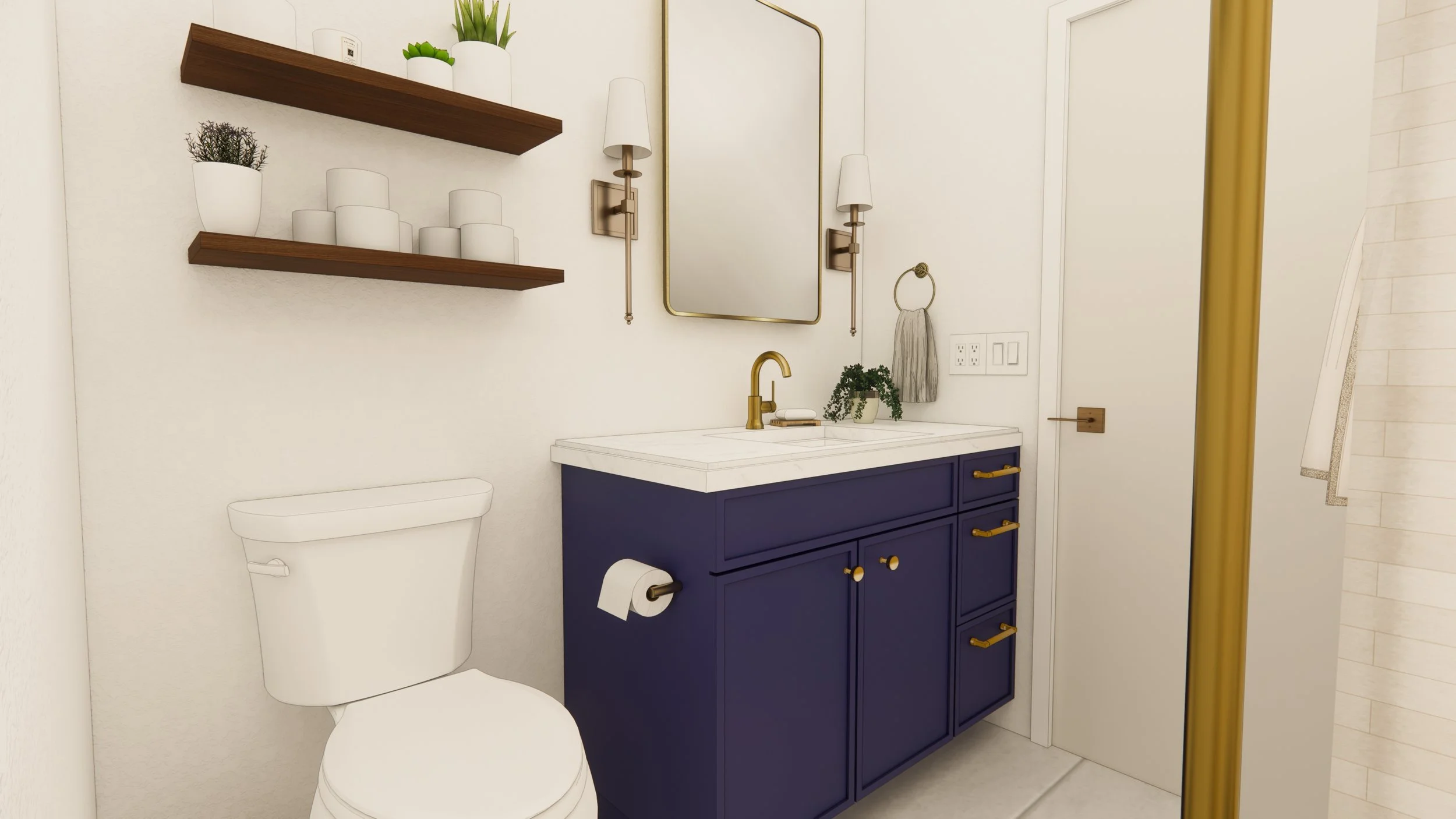 Bathroom with cream walls, navy blue vanity with gold hardware, white countertop, gold faucet, oval mirror, wall-mounted white light fixtures, wooden shelves with white decor and plants, white toilet, small plants, hand towel, and a closed white door