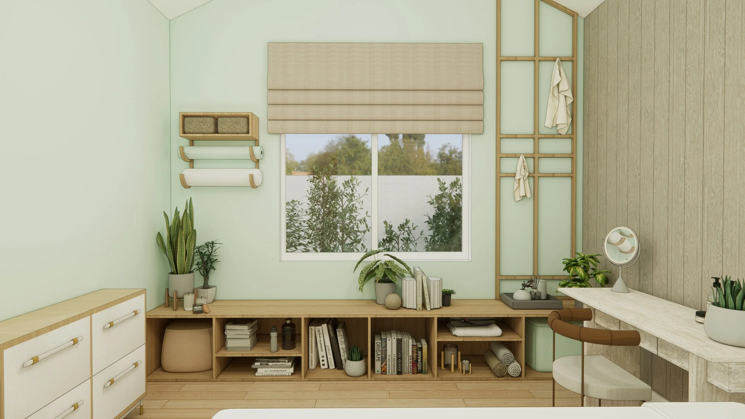 A neatly organized bedroom with a large window showing outdoor greenery, light mint walls, wooden furniture, and various indoor plants.