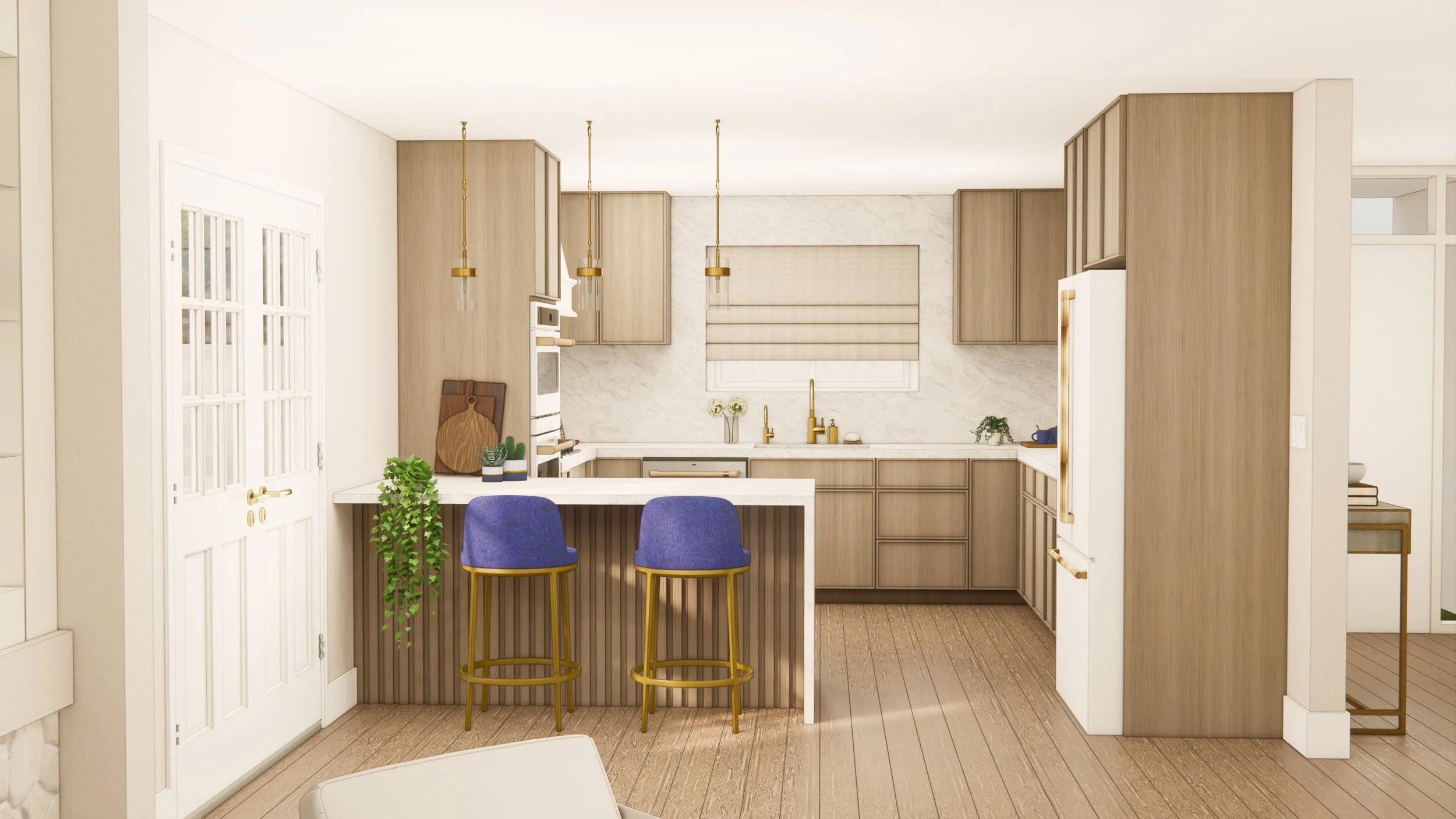 Modern craftsman home remodel in Carson CA with a kitchen with light wood cabinets, white marble backsplash, gold accents, and a breakfast island with two blue bar stools. The flooring is wooden, and the overall design is minimalistic and elegant.