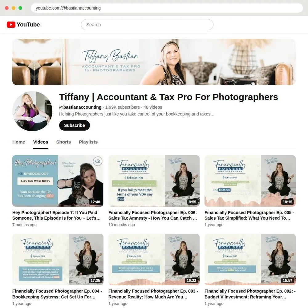 Tiffany Bastian's YouTube channel for photographers