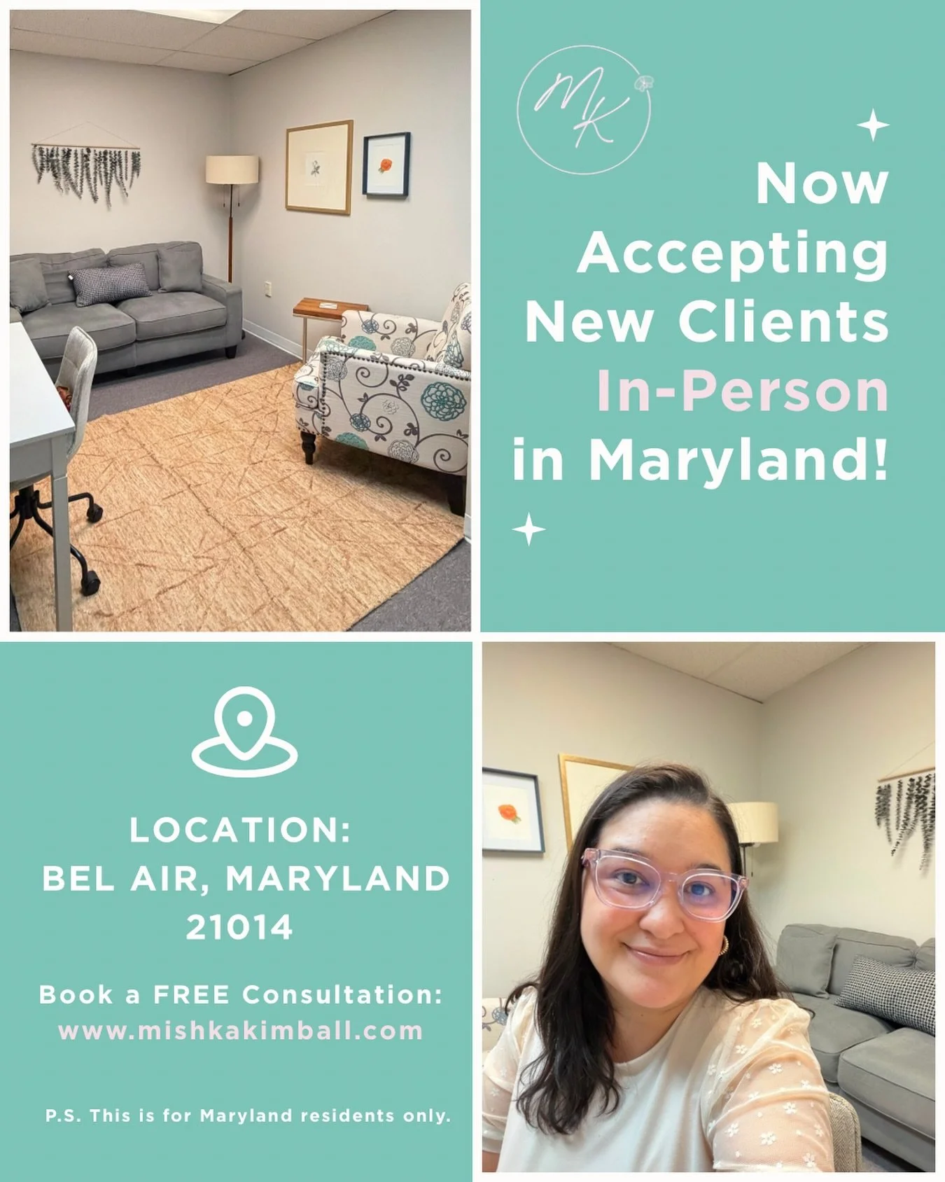 Excited to share that I&rsquo;m now seeing clients in-person in Bel Air, MD!! ✨

My practice had been fully virtual since Covid, as I had to close down my beautiful office suite at that time. So, this feels like such a gift and I&rsquo;m thankful to 