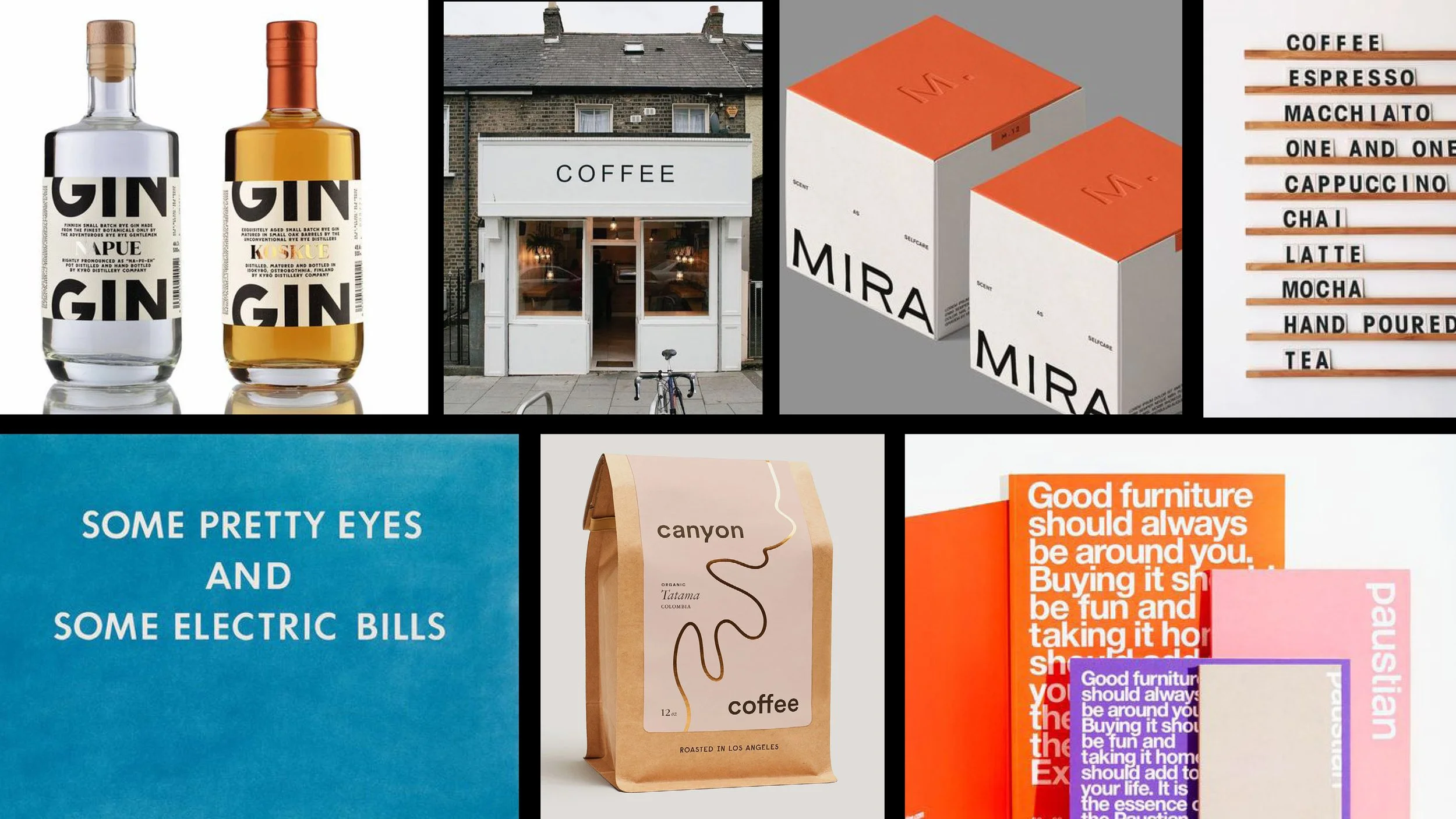 A collage of various coffee-related items and decor, including bottles of gin and whiskey, a coffee shop exterior, coffee boxes, a sign with a quote, a bag of coffee beans, and colorful design papers.