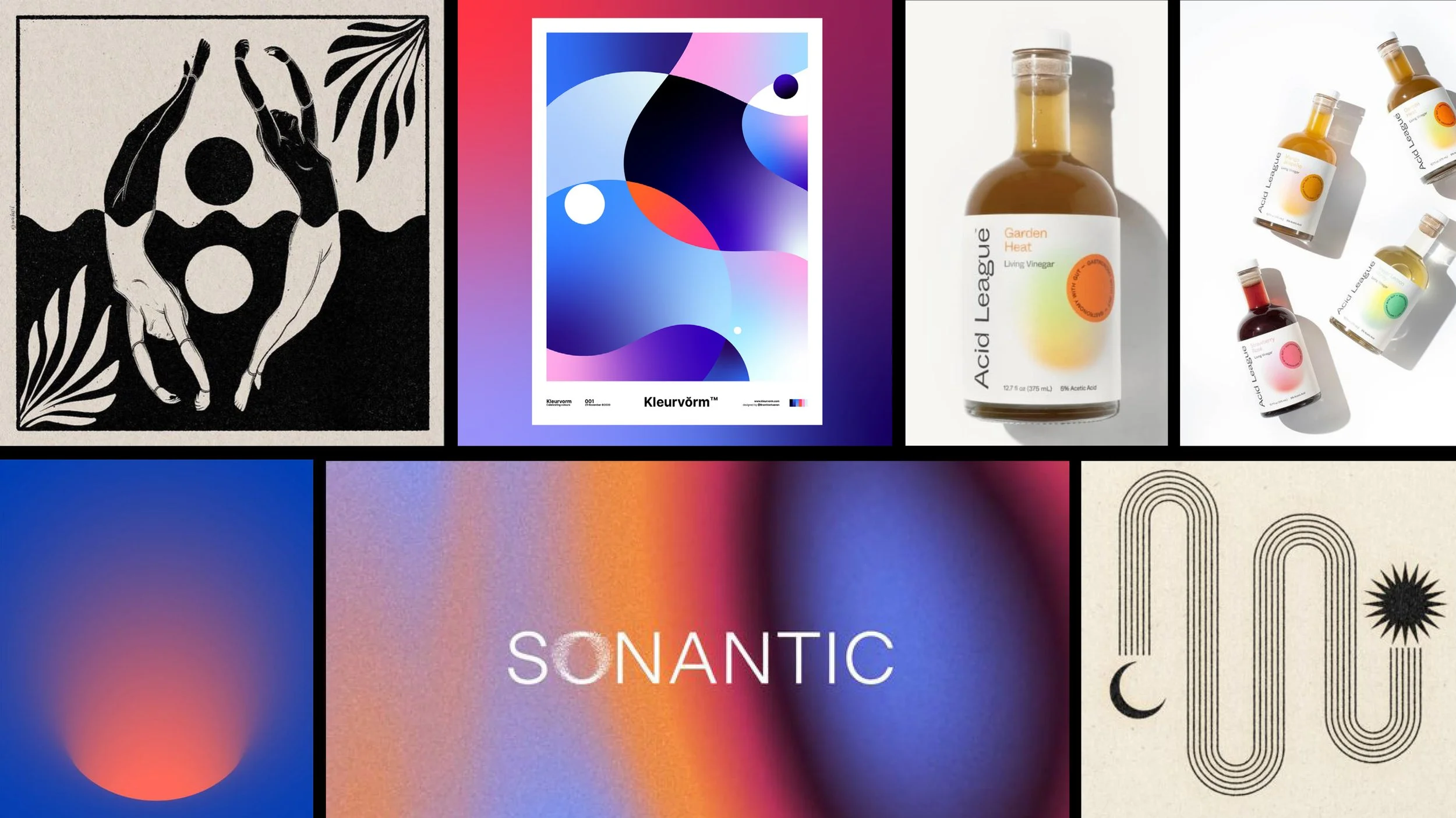 A collage of various abstract and product images, including black and white illustrations, colorful abstract art, bottles of acid vinegar, digital artwork, and a gradient background with the word 'SONANTIC'.