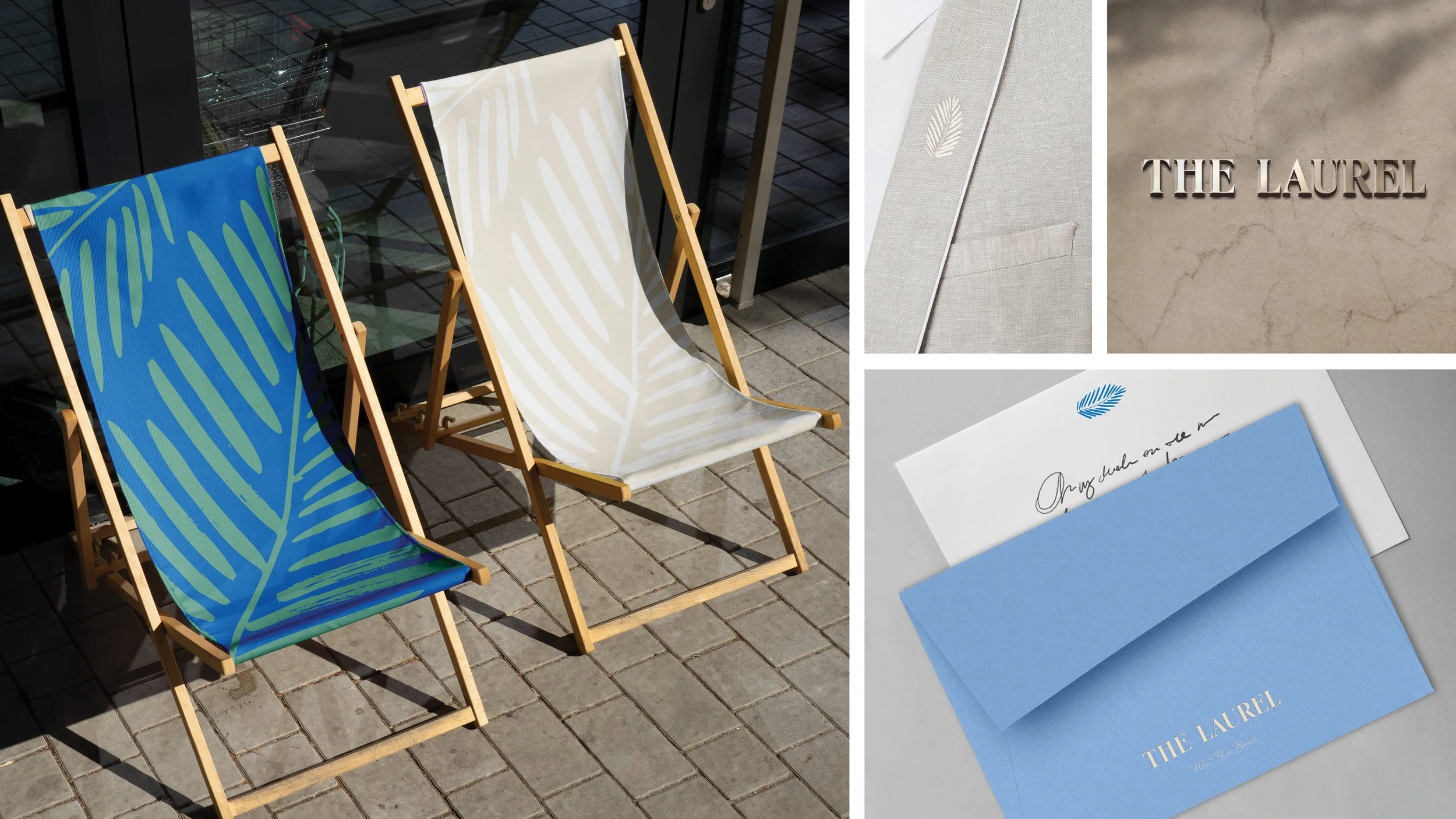 Colorful outdoor chairs with tropical leaf prints, one blue and one beige, on a brick patio. Items related to The Laurel, including a beige suit with an embroidered leaf, a beige marble surface with the text "THE LAUREL," and a blue envelope with "THE LAUREL" written on it, are displayed.