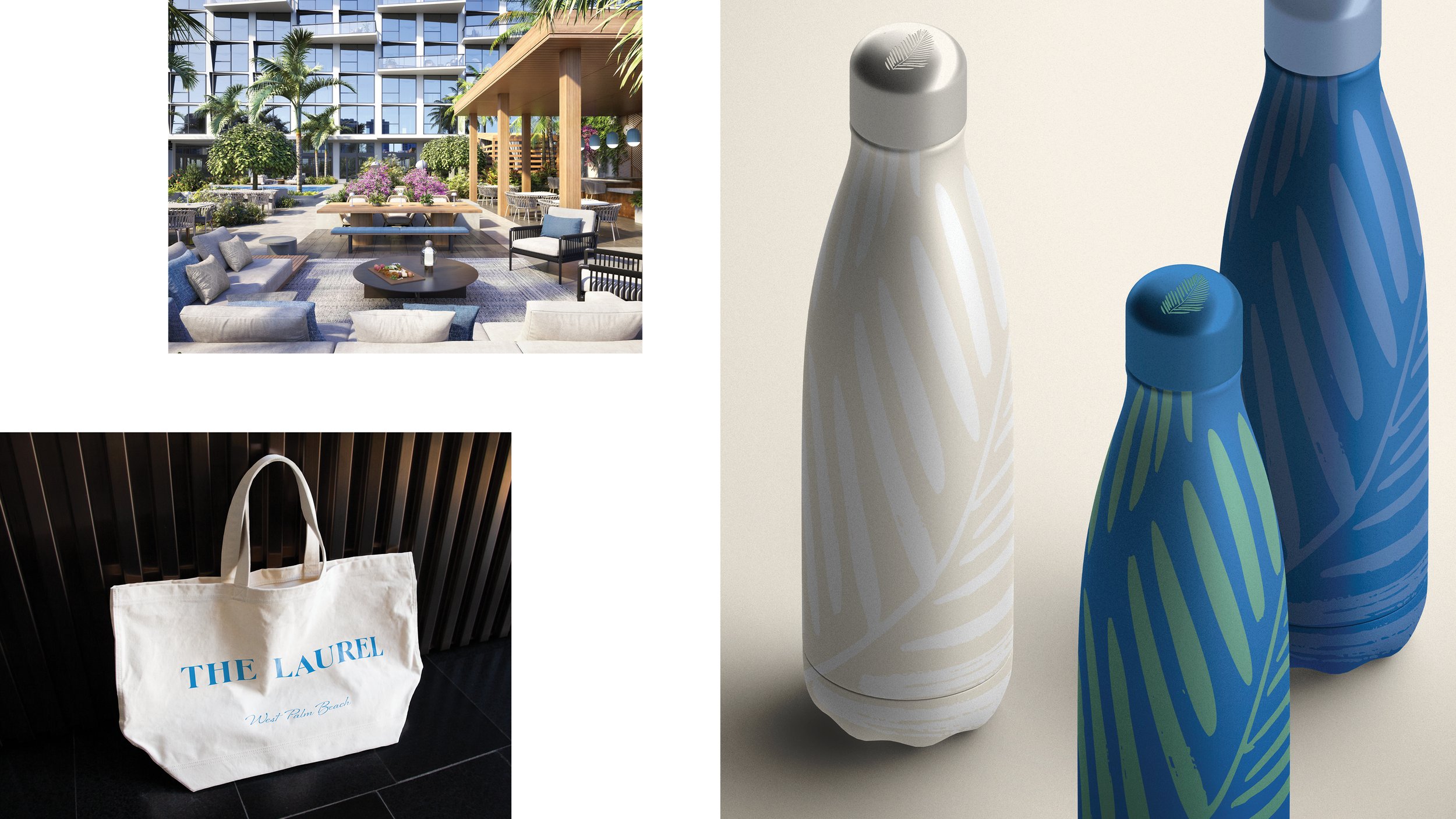 A collage of three images: the first is an outdoor rooftop lounge with modern seating, tables, and greenery; the second is a close-up of three colorful bottles with leaf designs, in white, light blue, and dark blue; the third is a white tote bag with blue text reading 'THE LAUREL West Palm Beach' placed against a dark, ribbed backdrop.