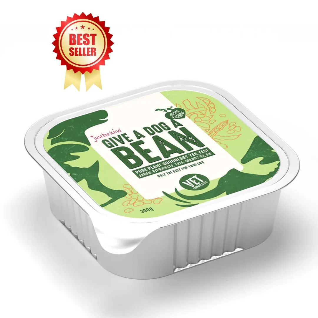 Give a dog a bean bestseller - vegan dog food - just be kind - packaging design - yoke creative agency.webp