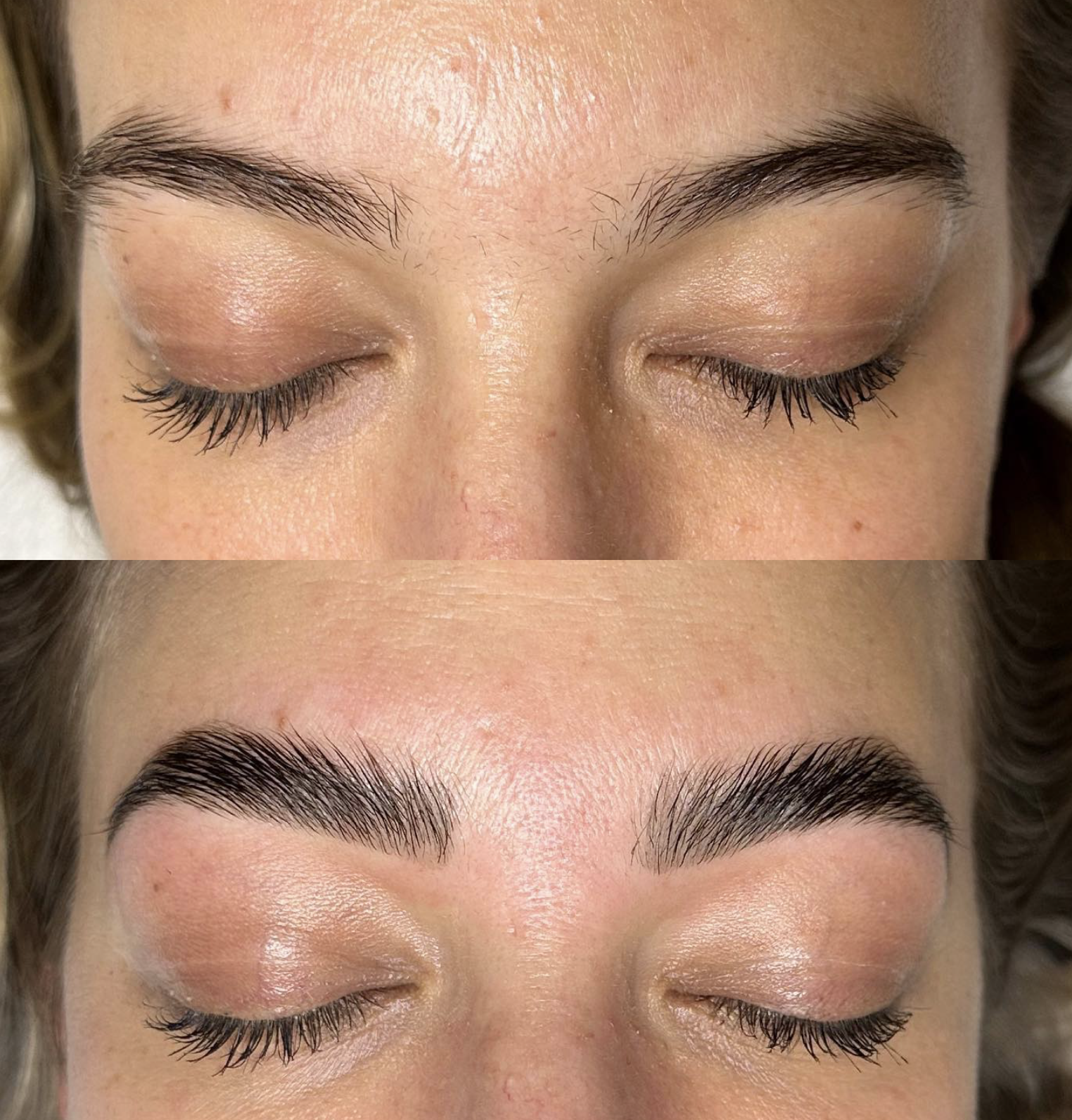 Close-up of a person's face with closed eyes, showing before and after images of eyebrow grooming and makeup application. The top image shows natural eyebrows, and the bottom image shows well-groomed, filled-in eyebrows.