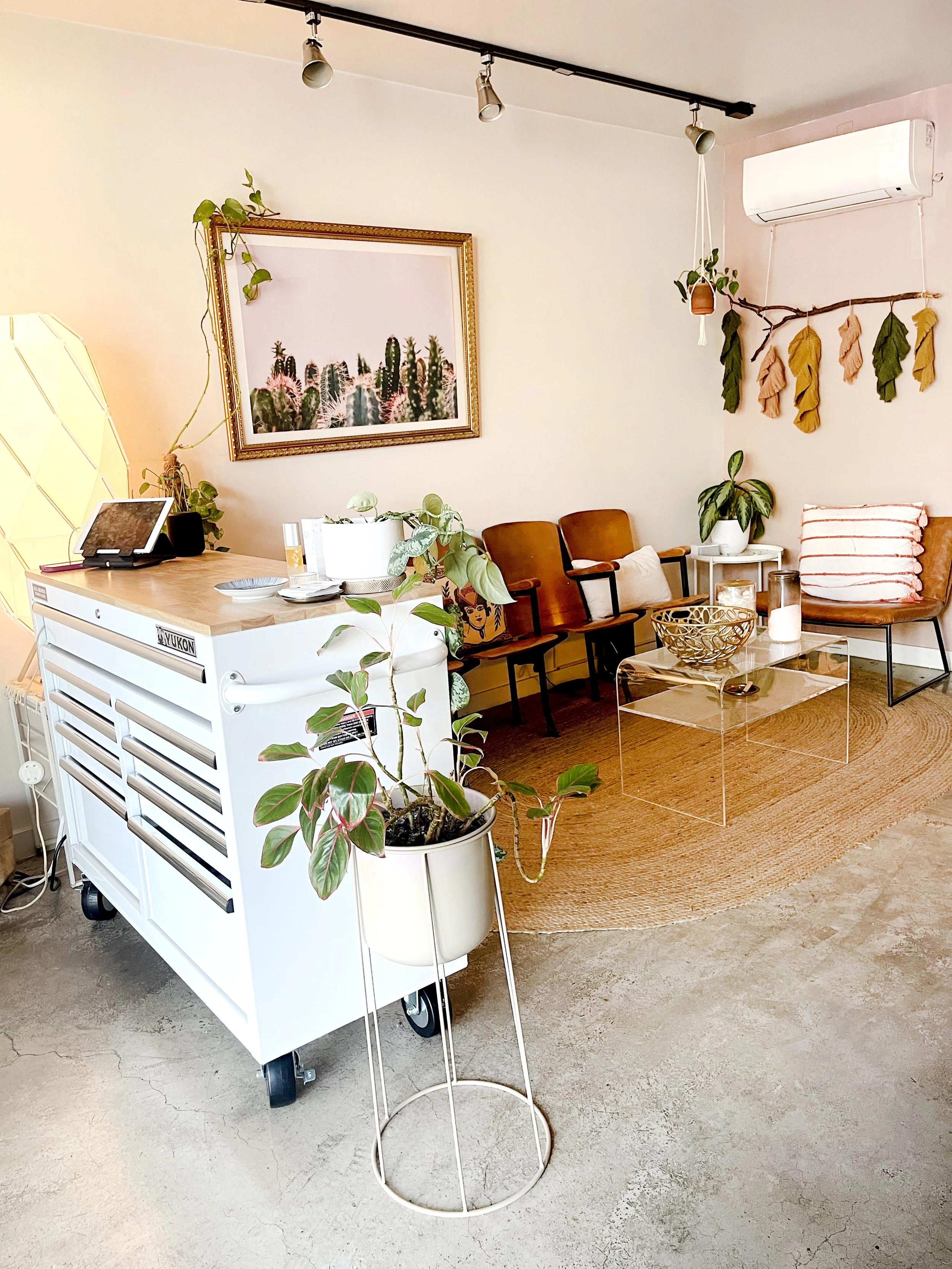 Decorated waiting area with chairs, plants, wall art, and a glass table in a modern interior.