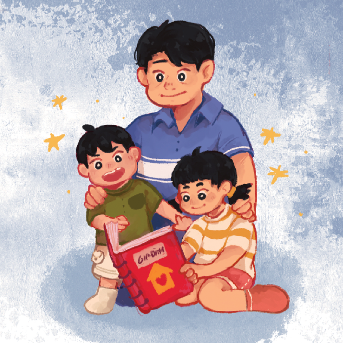 A family of three children reading a book together, with a young man standing behind them, on a blue background with yellow star accents.