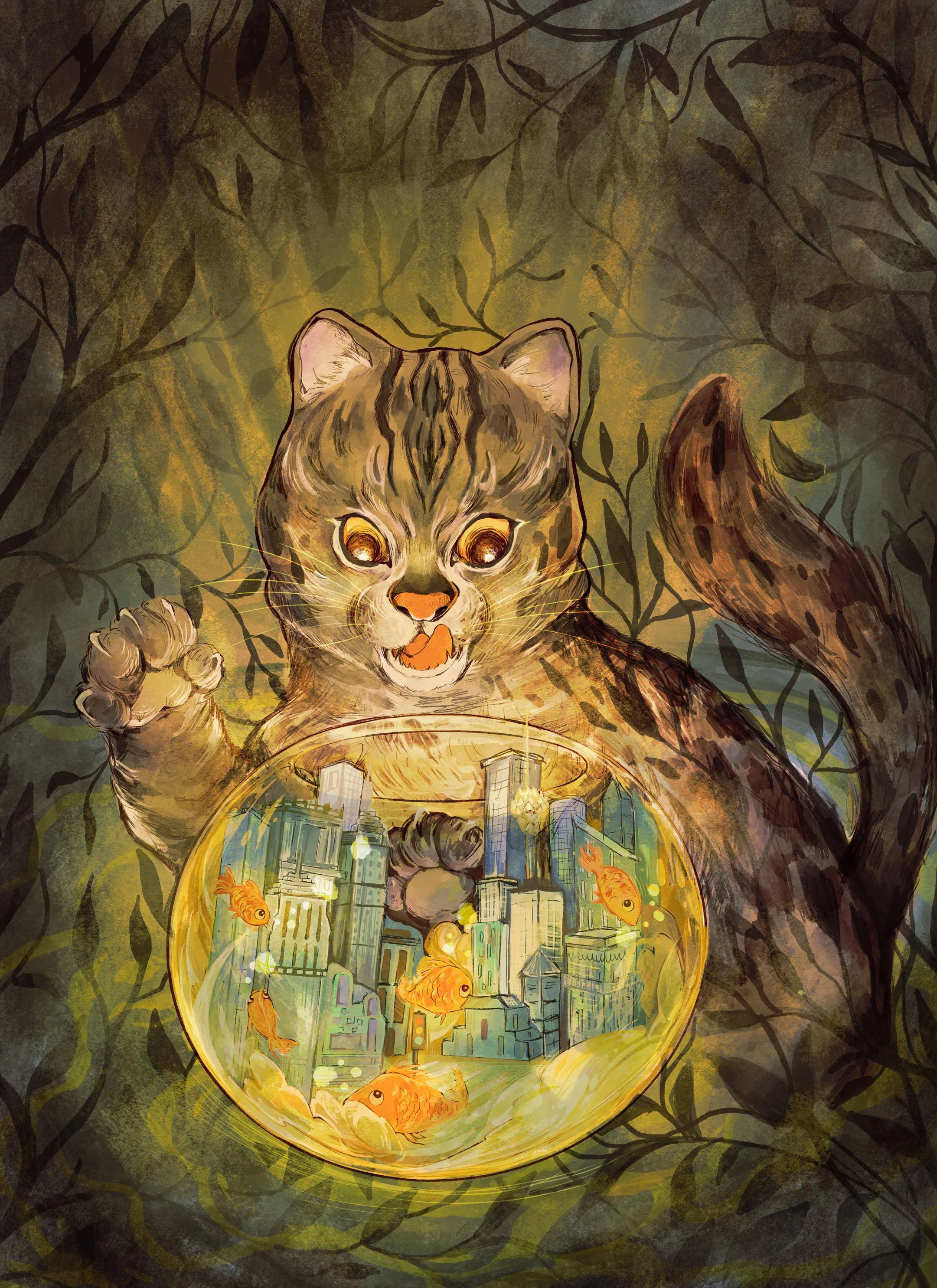 🌆 Urban Cat 🌆
Editorial Illustration 16x12
Based on the article “Are Cities Making Animals Smarter?” by Paul Bisceglio
Big-small cat!! Paws!! Fishes!! Cities!!