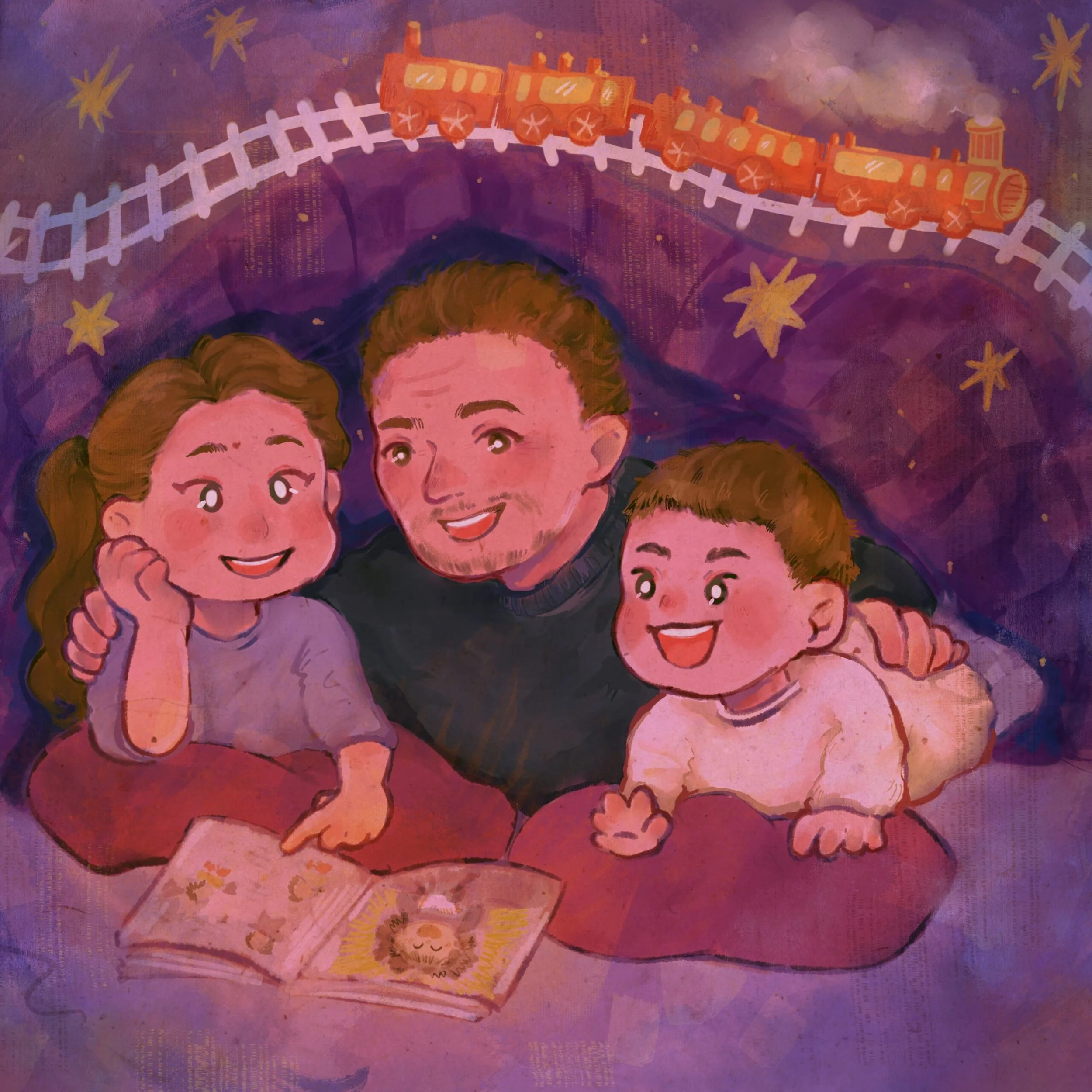 A colorful illustration of a train with a smiling lion in a book and three children looking up at the train against a purple background with stars.