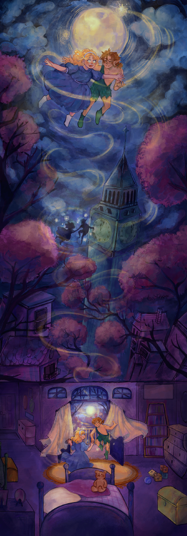 When Wendy Meets Peter
Digital Illustration 12" x 33" (or two 12” x 9” and one 12" x 13)
Peter Pan is a story about dreams, friendship, adventure, and childhood, but also about loneliness and isolation.
When Wendy meets Peter, they became friends an