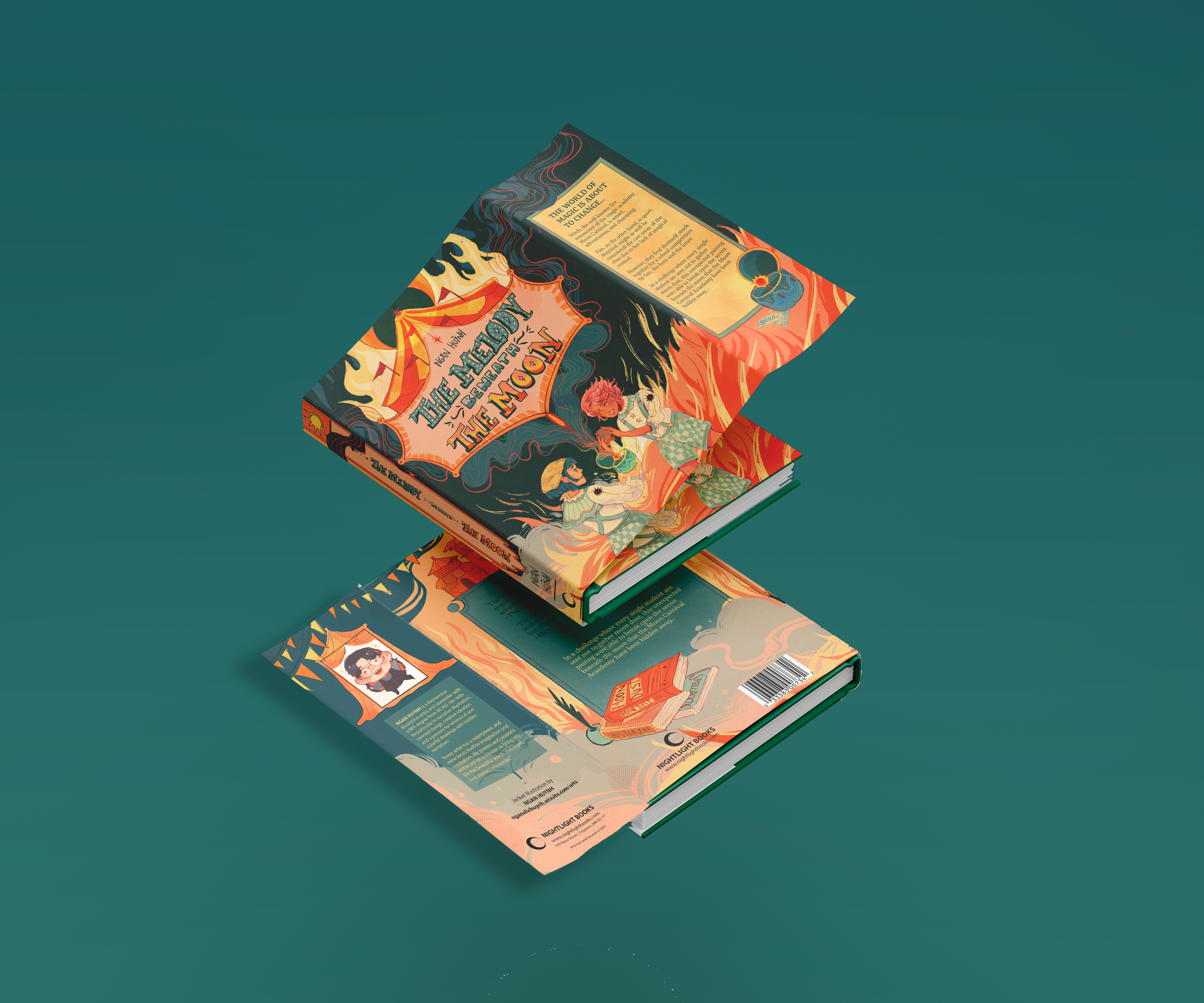 🎶 The Melody Beneath the Moon🌙
Book Jacket Cover Illustration
Stitch, the well-known fire summoner of the magic academy Moon Carnival, is smart, adventurous, and charming.
Vân, on the other hand, is quiet, skeptical, might as well be considered th