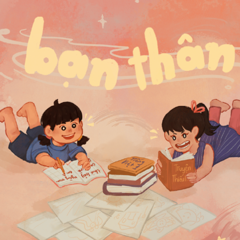 Two children, a boy and a girl, lying on their stomachs and reading books with a background that says "bạn thân" in Vietnamese, meaning "best friends."