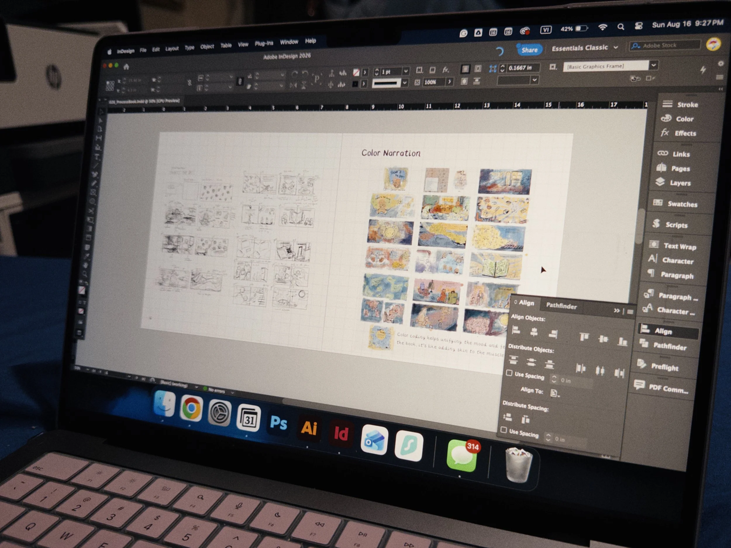 A laptop screen displays Adobe InDesign software with design and color palette projects on the workspace. The laptop is on a desk with a pink keyboard, and the time shown is 9:27 PM on Sunday, August 16.