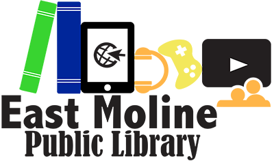 Logo of East Moline Public Library featuring colorful books, a globe, headphones, a game controller, a play button, and a silhouette of a person reading.