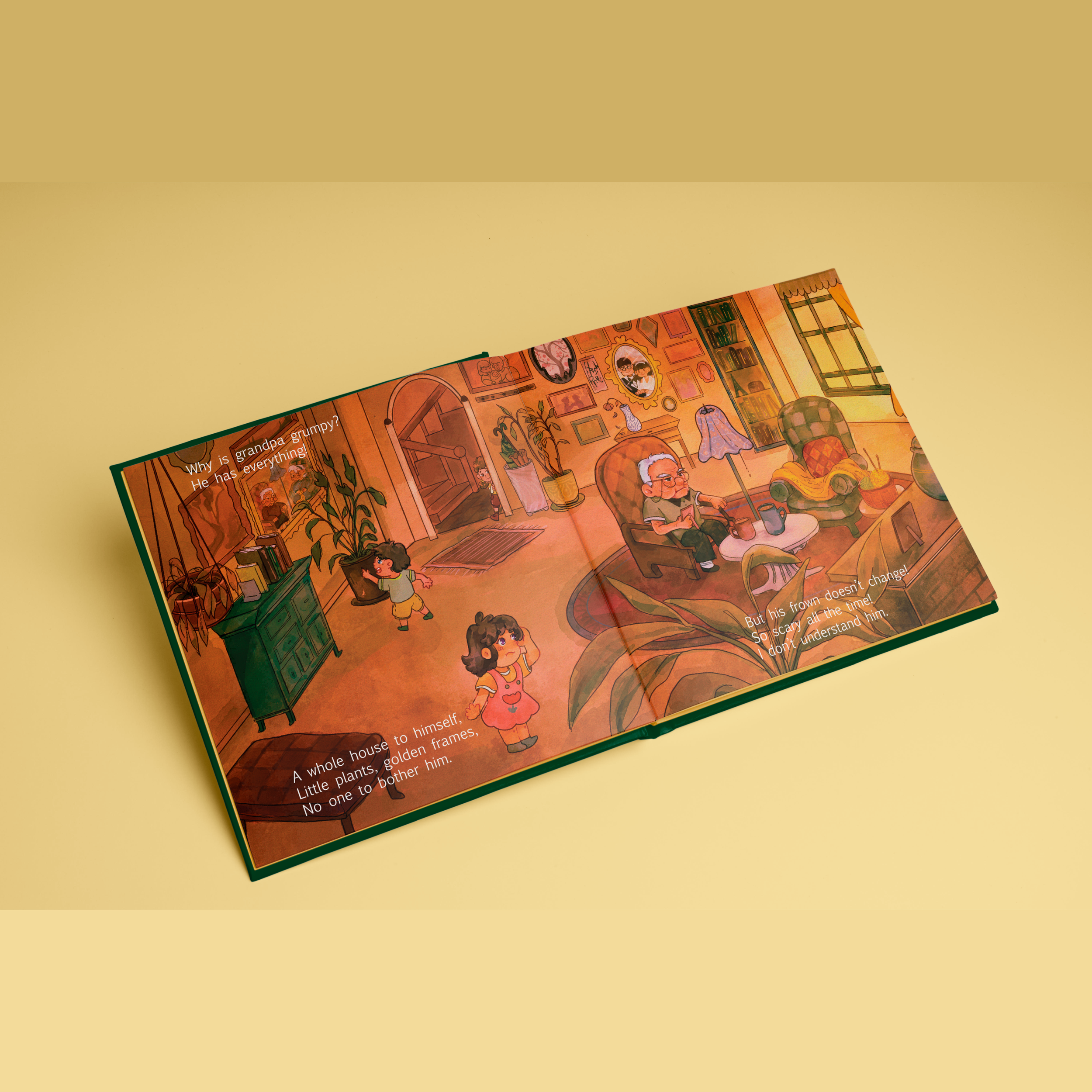 👨🏼🦳 Why Is Grandpa Grumpy? 👧🏻
Two Pages Spread 20” x 10”
.
My first project of the semester for Children’s Book Illustration :”) We were given random words that formed into a prompt and mine was “grandparent house” and “grumpy”.
This project re