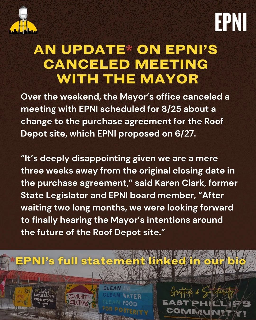 Over the weekend, the Mayor&rsquo;s office canceled a meeting with EPNI scheduled for 8/25 about a change to the purchase agreement for the Roof Depot site, which EPNI proposed on 6/27.

We are three weeks away from the closing date laid out in our p