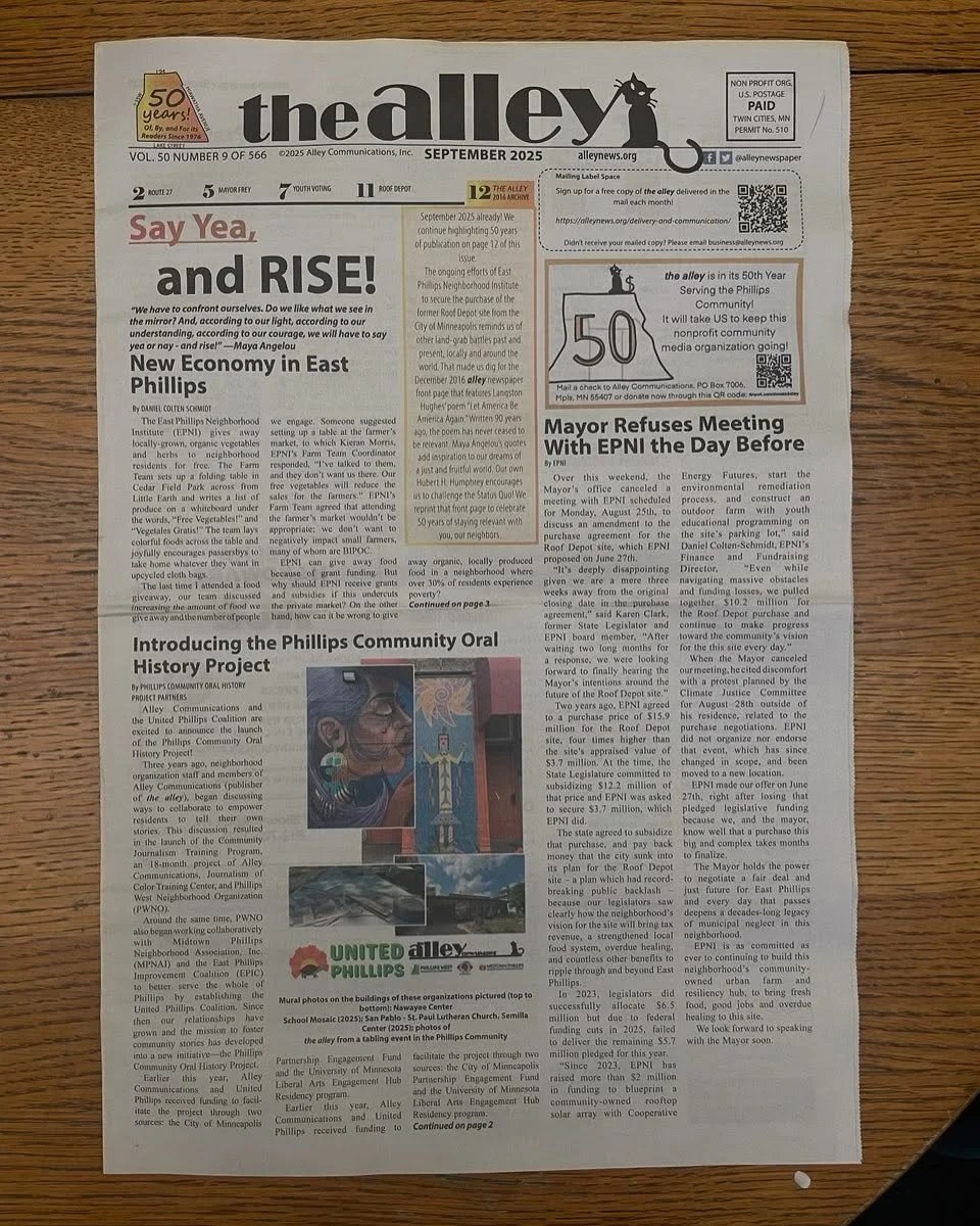 Did you catch this month's issue of The Alley? Pick up a copy to find a recap of EPNI's recent press conference, a flyer for our community festival on 9/27 and an article about how the East Phillips Urban Farm meets nearly every goal outlined in the 