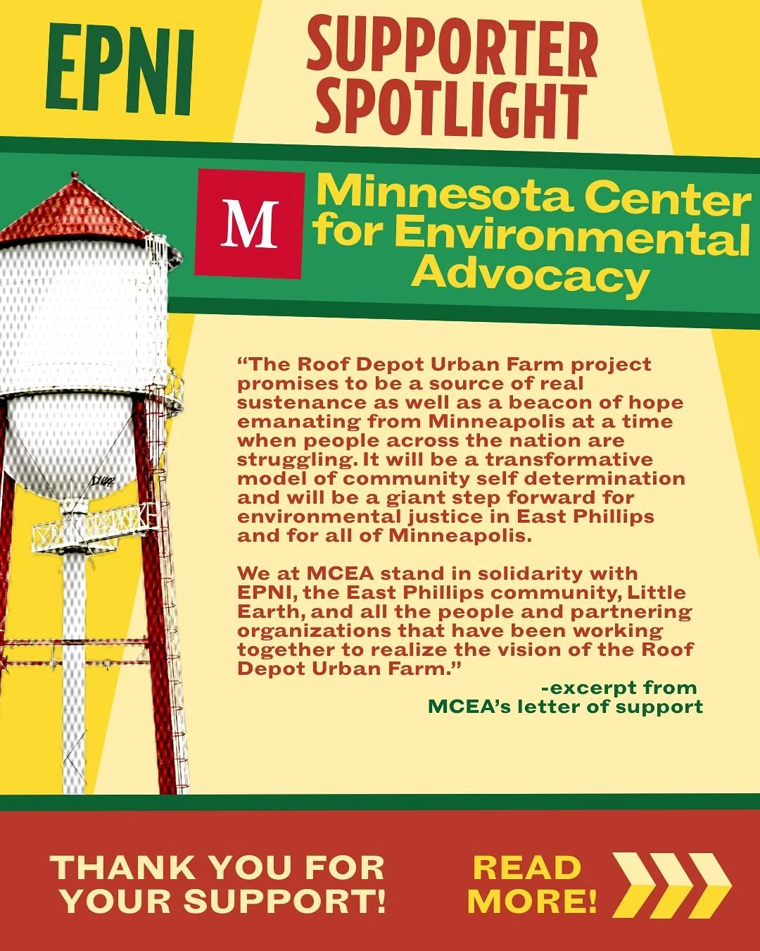 Thank you MCEA for the support for the East Phillips Urban Farm project! 

We are looking forward to finding a fair deal with the city and so we can continue building the community-owned resiliency hub this neighborhood has been refining for over a d