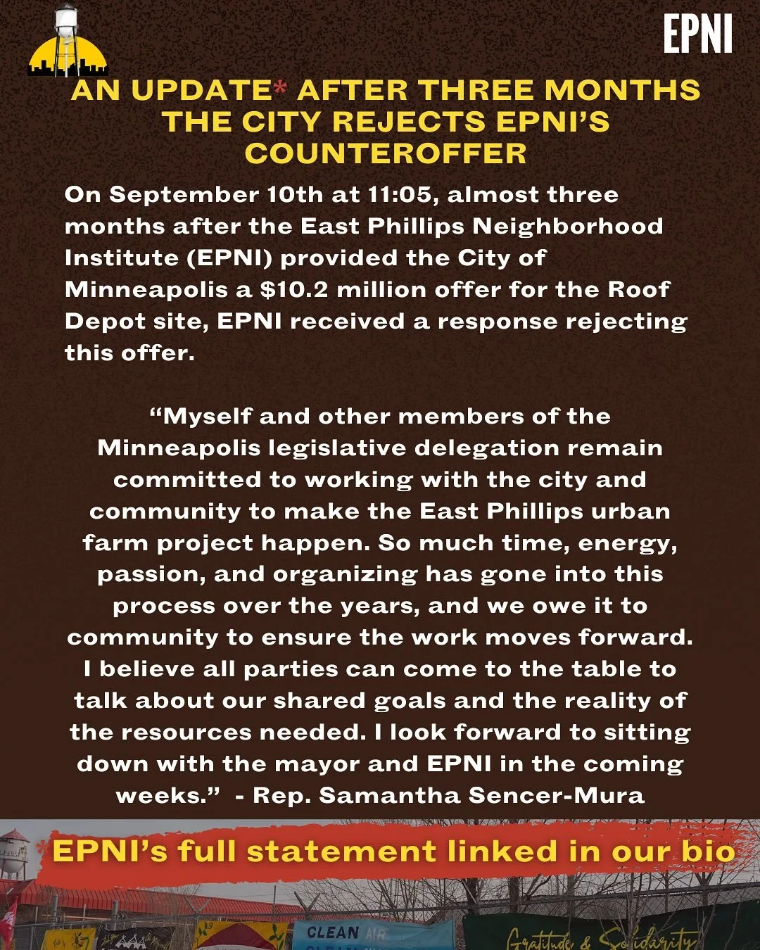 After three months, the city responded to EPNI.

We are deeply disappointed by the Mayor&rsquo;s rejection of our counteroffer. We remain committed to protecting our community&rsquo;s health, environment, and future. We urge continued dialogue and st