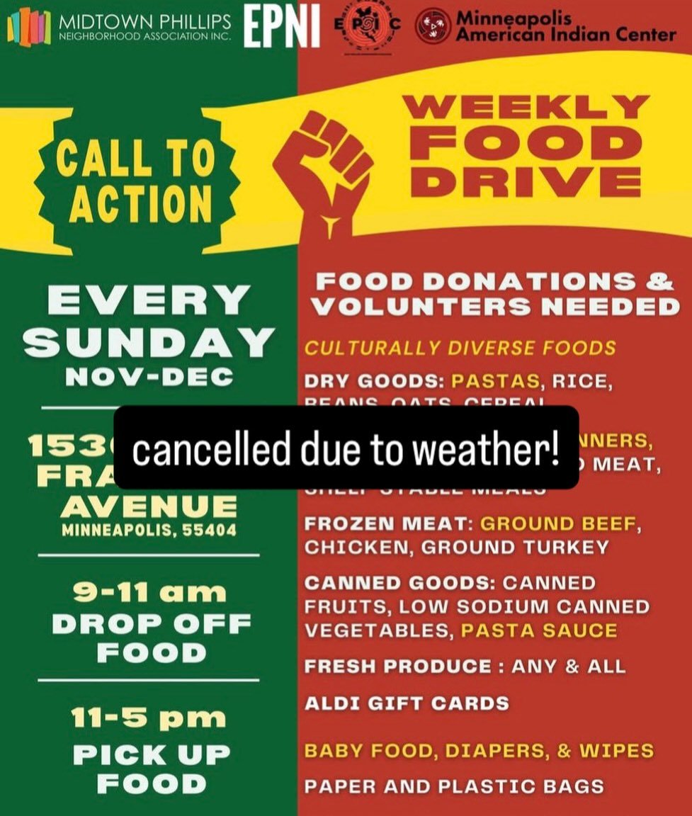 Hey folks, we have made the decision to cancel the last day of our food drive due to the weather. We do not want to put our volunteers or our shoppers in danger by encouraging travel during the storm. The left over food we have will be donated to var