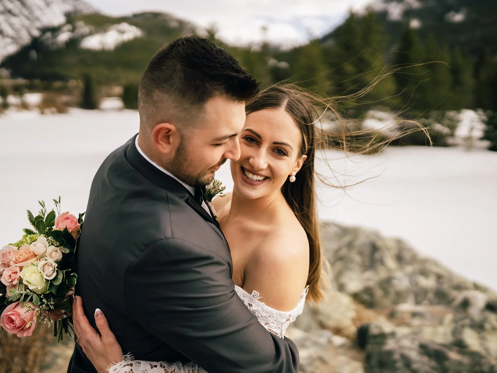 small wedding elopement ceremony at Dream Lake in Rocky Mountain National Park, Estes Park, Colorado