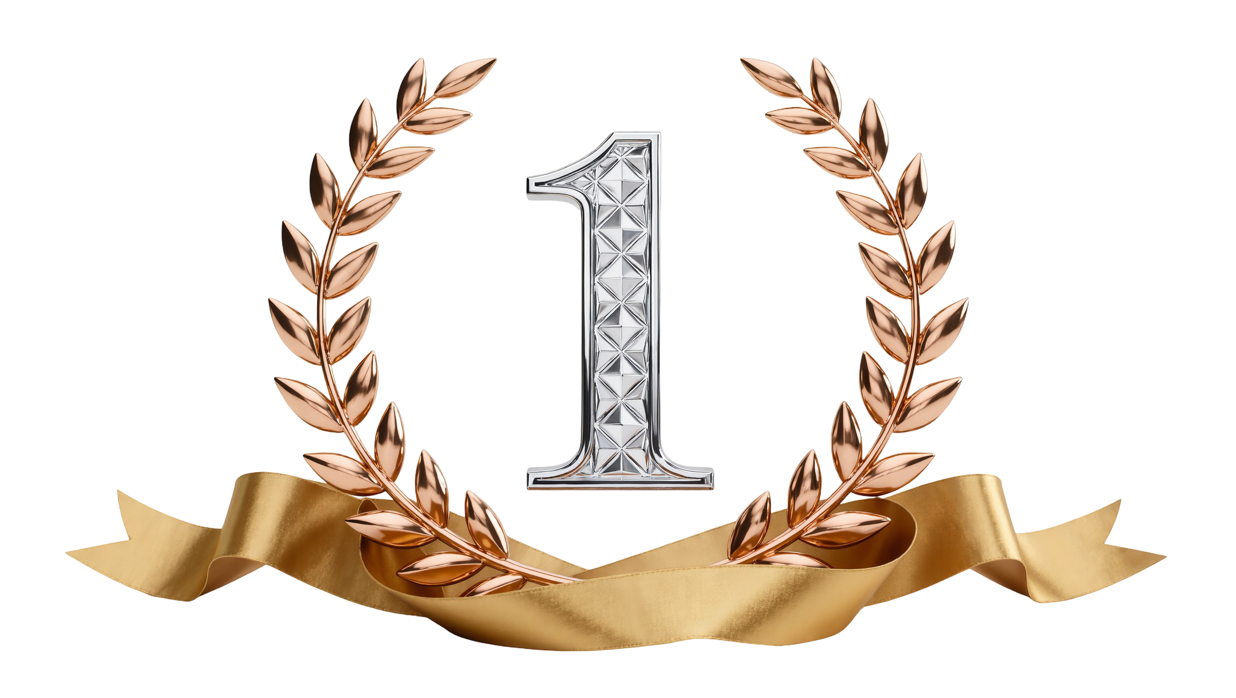 A shiny silver number one medal framed by a bronze laurel wreath and a gold ribbon at the bottom.