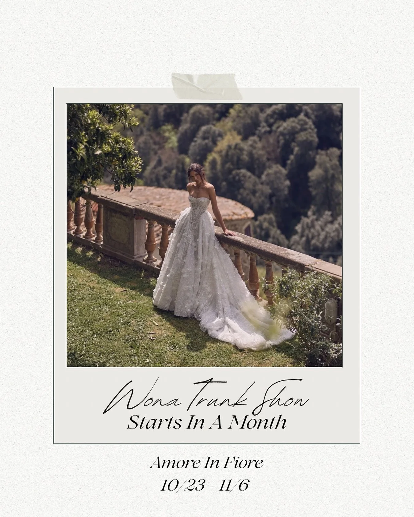 One month to go! Our Wona Concept trunk show is almost here, and we can&rsquo;t wait to share the stunning Amore In Fiore collection with you. Save the date and get ready to find your dream gown!

#SayYesToTheDress #New #princetonbridal #weddinginspo