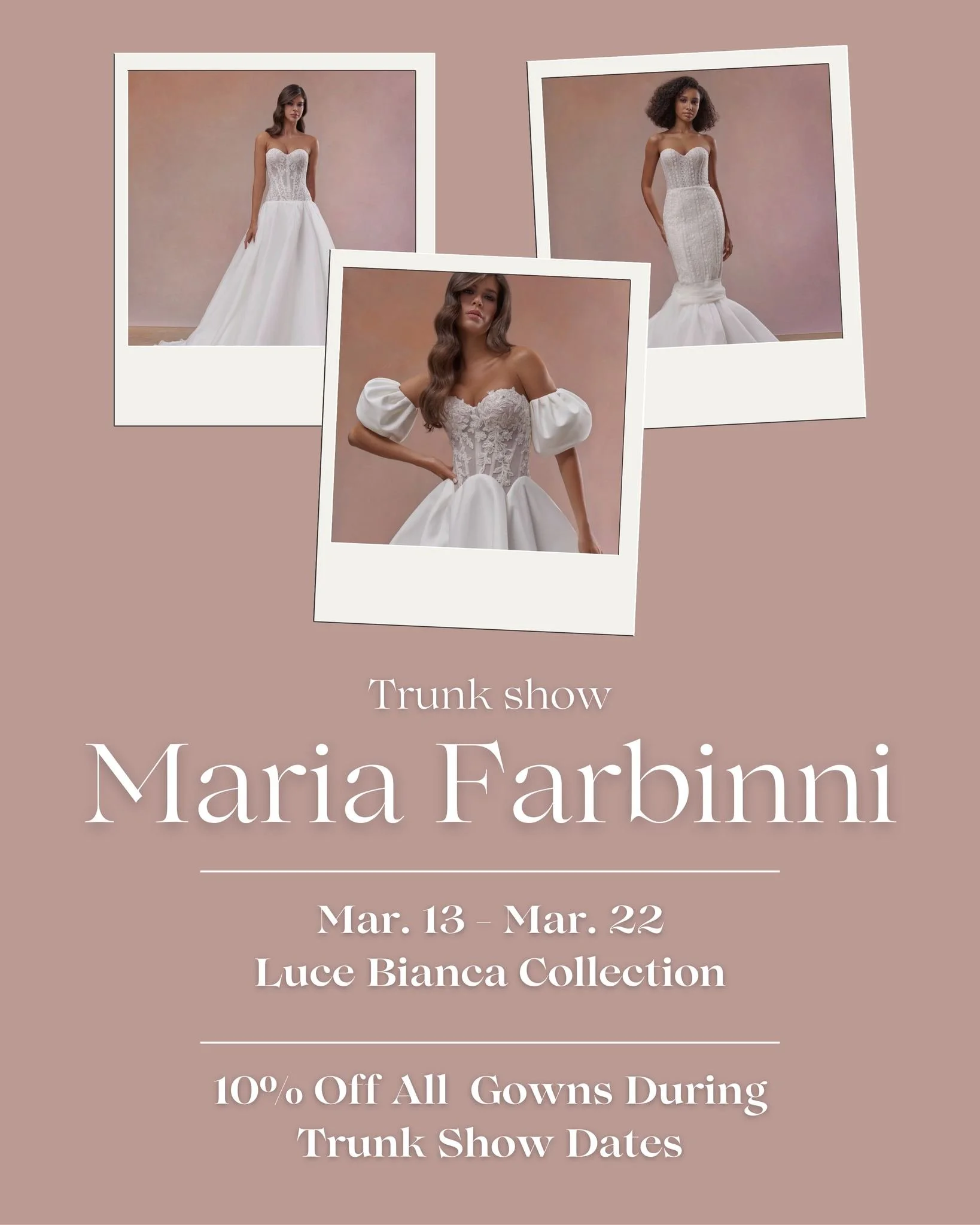 Maria Farbinni&rsquo;s NEWEST bridal gown collection - Luce Bianca! Feminine beauty in silhouette&rsquo;s and details for the romantic bride. From fitted mermaids to full ballgowns, each bridal dress is meticulously designed and waiting for her bride