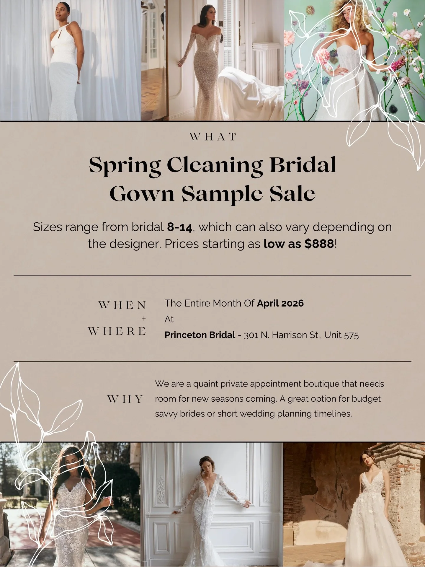 Spring Cleaning Sample Sale 🌷🤍
All April long, we&rsquo;re making room for what&rsquo;s new, which means over 40 beautiful gowns are ready to find their bride. Think designer dresses, bridal sizes 8&ndash;14, and prices starting at $888. Perfect fo
