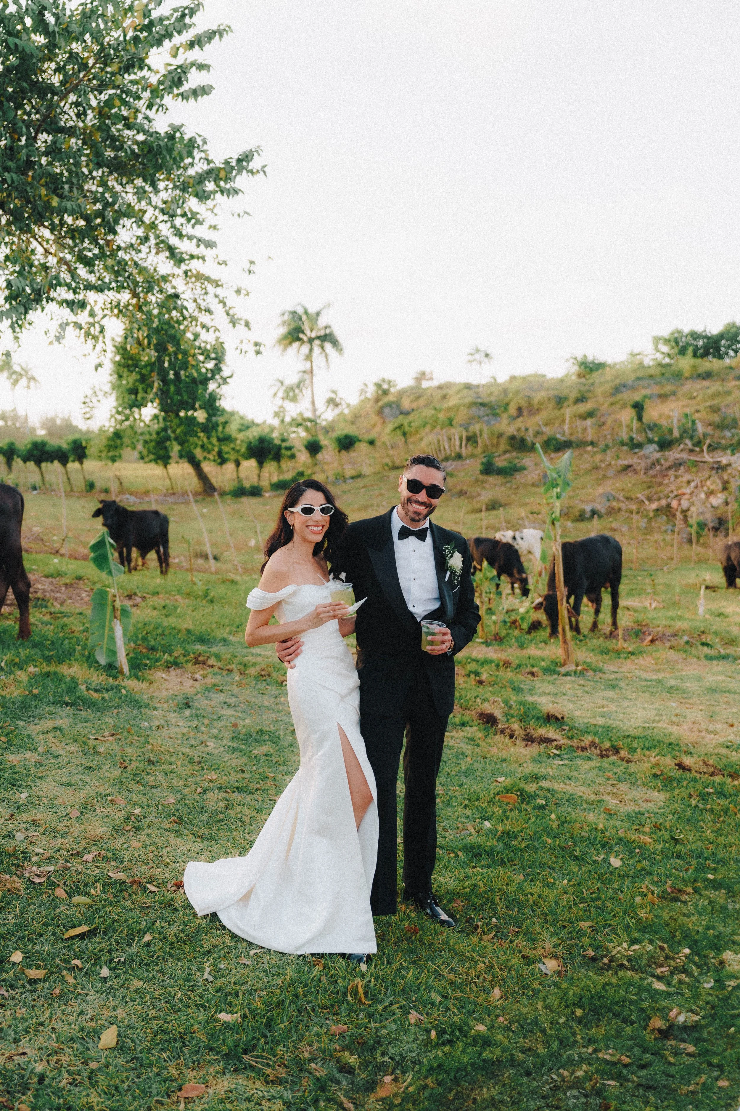 A bride and groom in wedding attire smiling and holding drinks in a green outdoor setting, with cows grazing in the background. Enya by Etoile by Elysee
