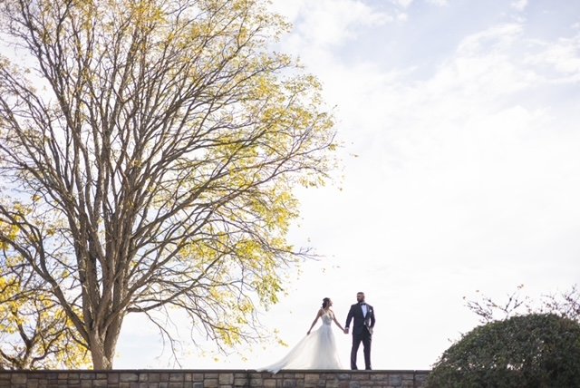 A bride and groom holding hands outdoors on a stone structure, with a large tree and cloudy sky in the background.