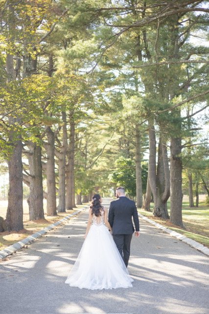 A bride and groom walking hand in hand on a tree-lined path.
