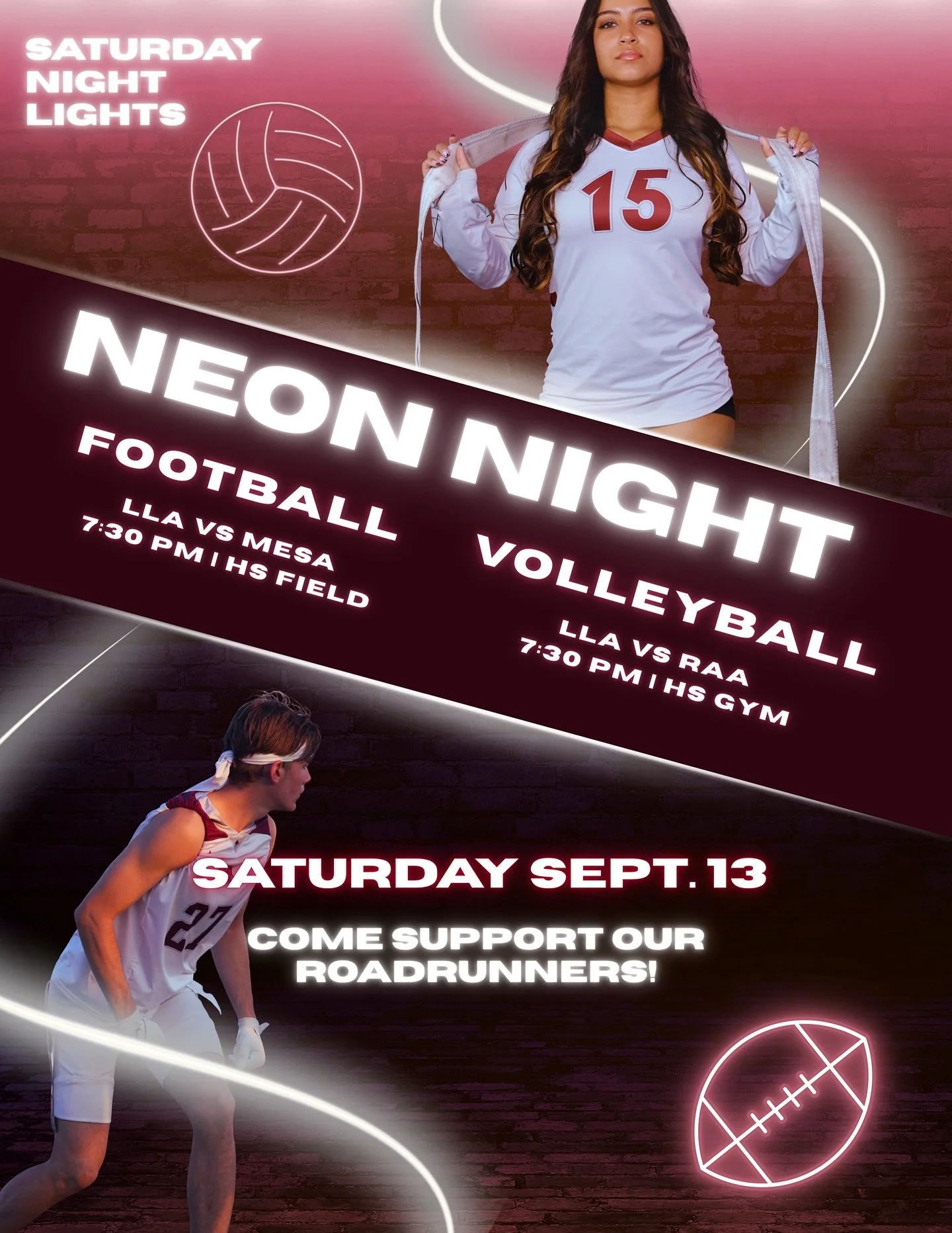 Show up and show out this Saturday night and come support our lla roadrunner teams! Bring your white t-shirts, your glow sticks and your best energy🥳🏈🏐!!
&bull;
#roadrunners #llaathletics #neon #neonnight #saturdaynight #welovella #volleyball #foo