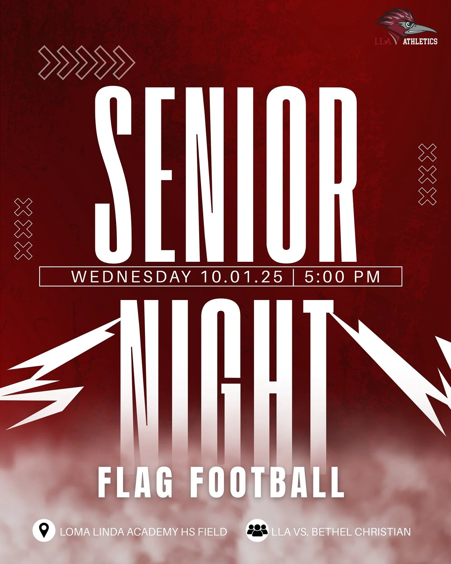 Your lla flag football roadrunners senior night is tomorrow at 5PM! Pull up to celebrate all 11 of our seniors and support your boys team during their game 🥳🏈!!
&bull;
#llaathletics #lomalinda #flagfootball #seniornight #seniorszn
