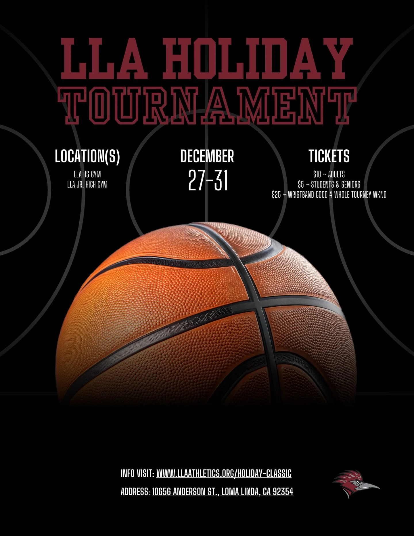LLA Holiday Classic Basketball Tourney is around the corner🏀! For more info go to: llaathletics.org/holiday-classic. 
&bull;
#lla #basketball #llaathletics #roadrunners #adventisthoops