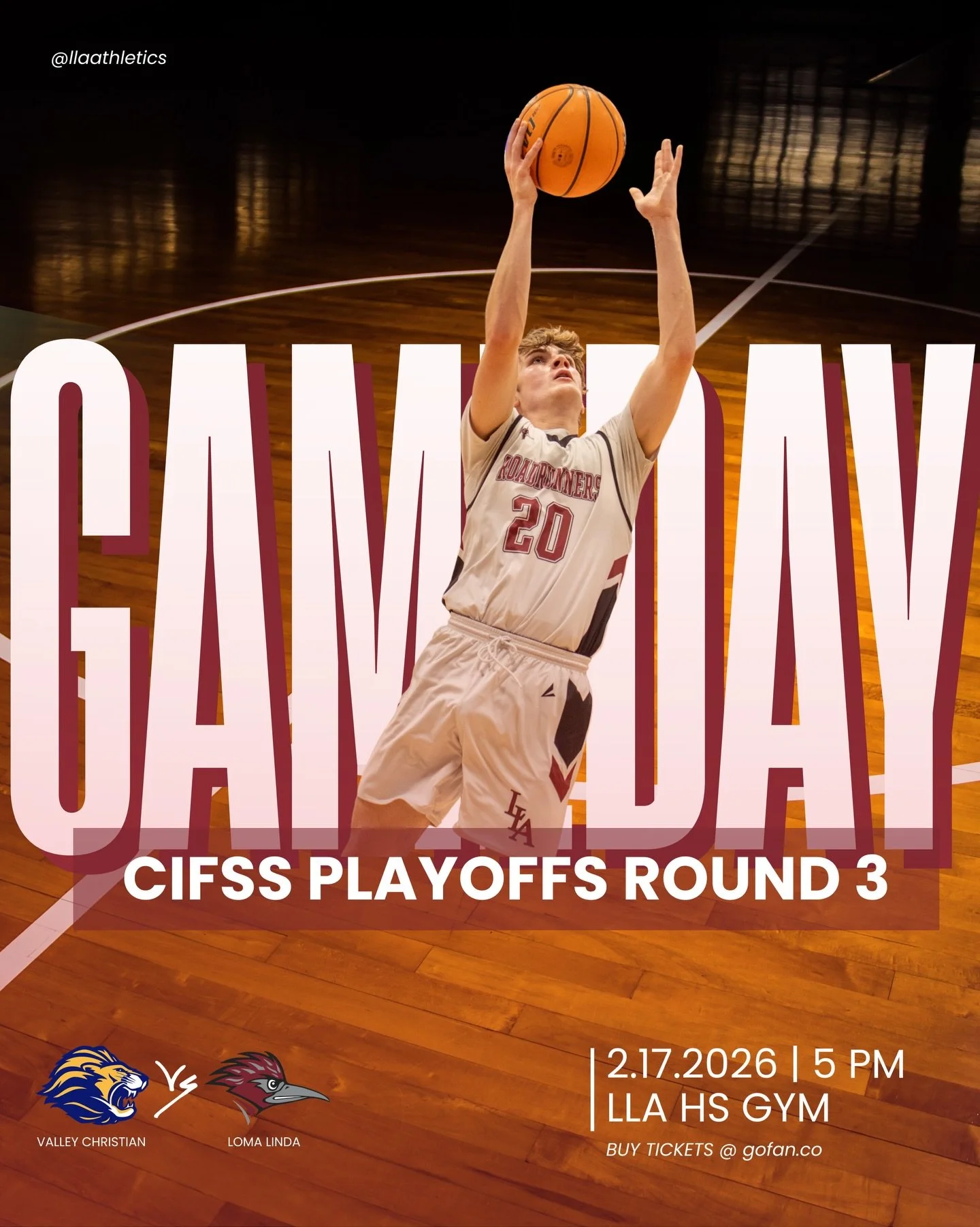 Round 3 this Tuesday 💪🏽 Home game, come support our roadrunners!! 
&bull;
#llaathletics #adventisthoops 
#loma #playoffs #cifss