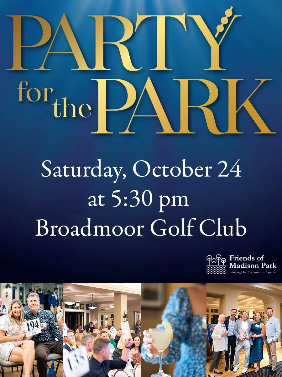 poster for party for the park in gold and blue with images from the event at broadmoor golf club