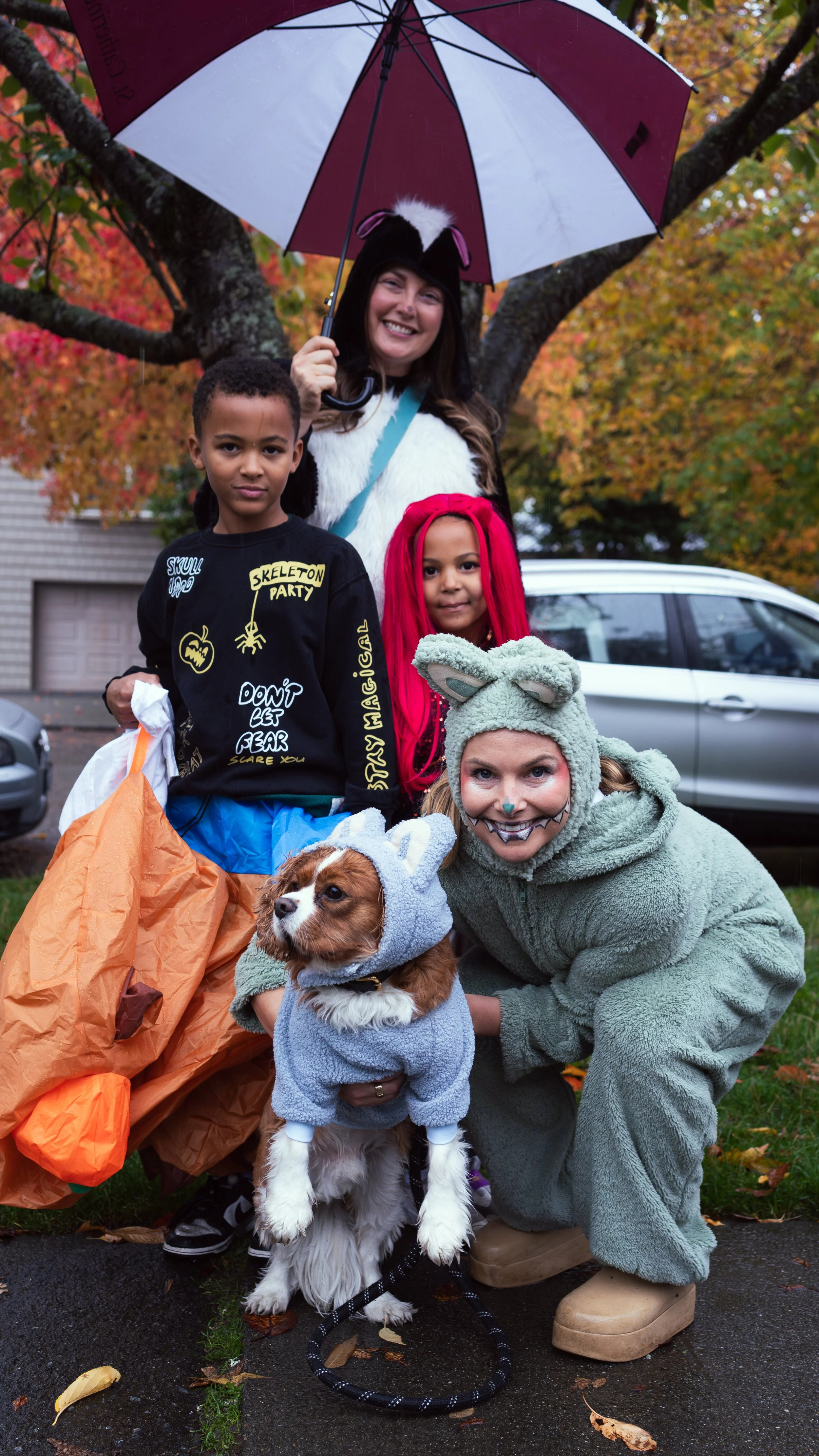 Decorative Halloween signs spelling out "BOO" with black, orange, and pink colors, set on grass in a yard.